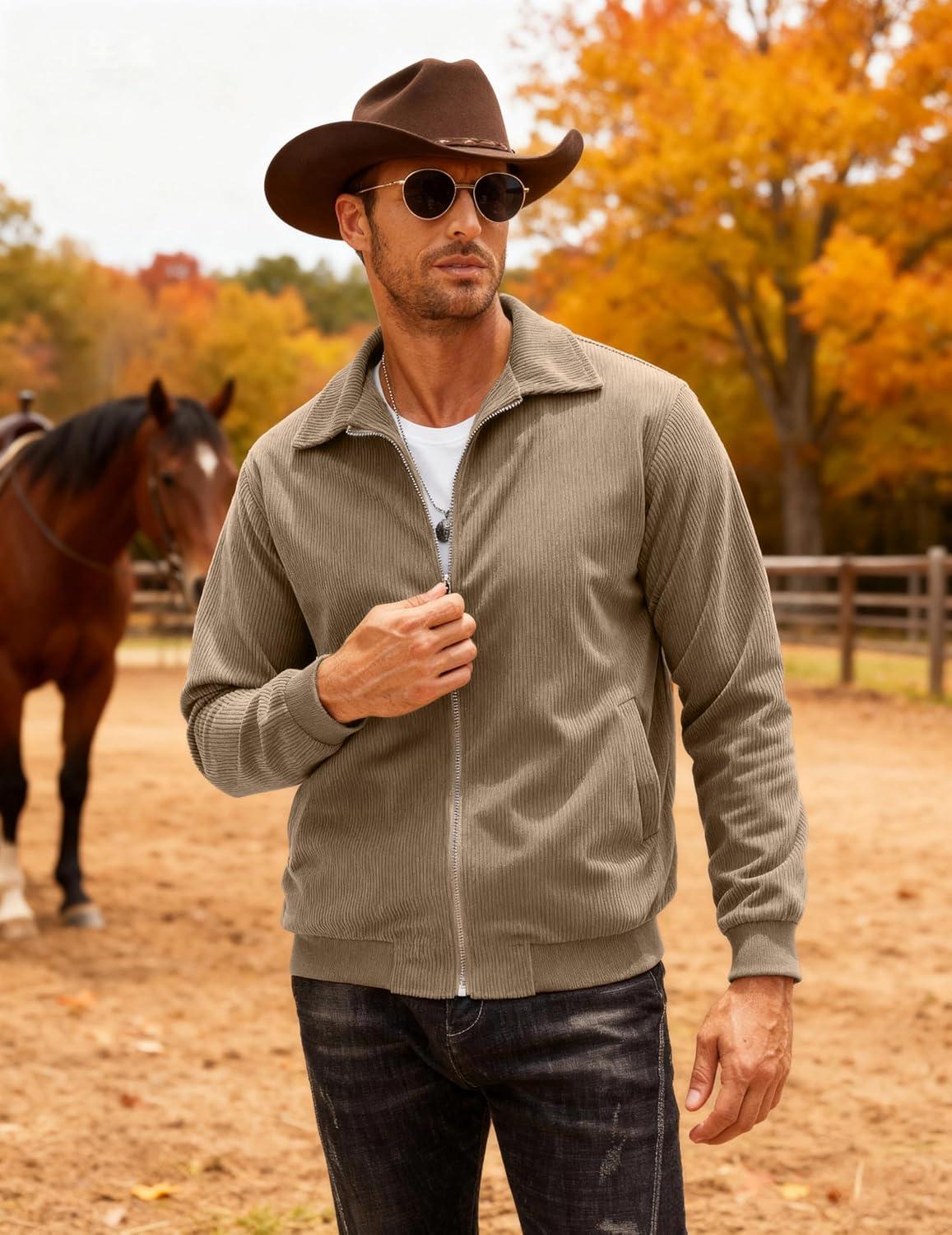 imageCOOFANDY Mens Casual Corduroy Jacket Lightweight Zip Up Vintage Jacket Collared Bomber JacketAkhaki