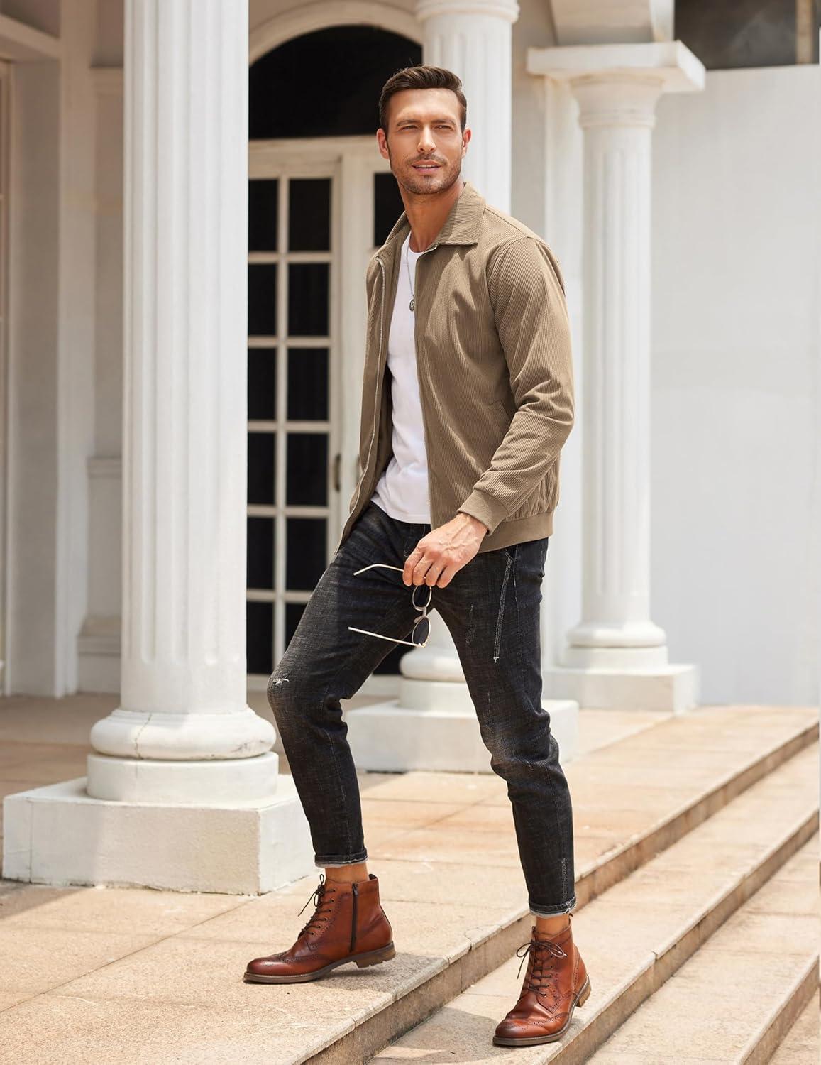 imageCOOFANDY Mens Casual Corduroy Jacket Lightweight Zip Up Vintage Jacket Collared Bomber JacketAkhaki