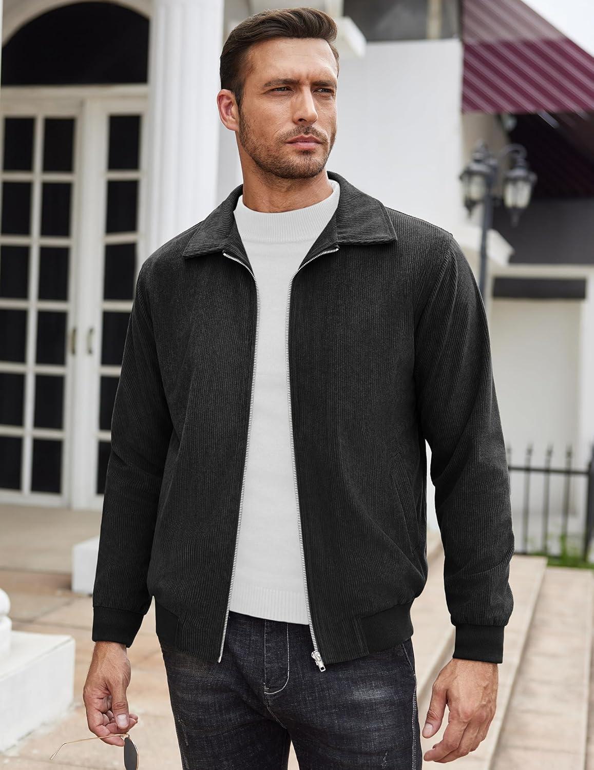 imageCOOFANDY Mens Casual Corduroy Jacket Lightweight Zip Up Vintage Jacket Collared Bomber JacketBlack