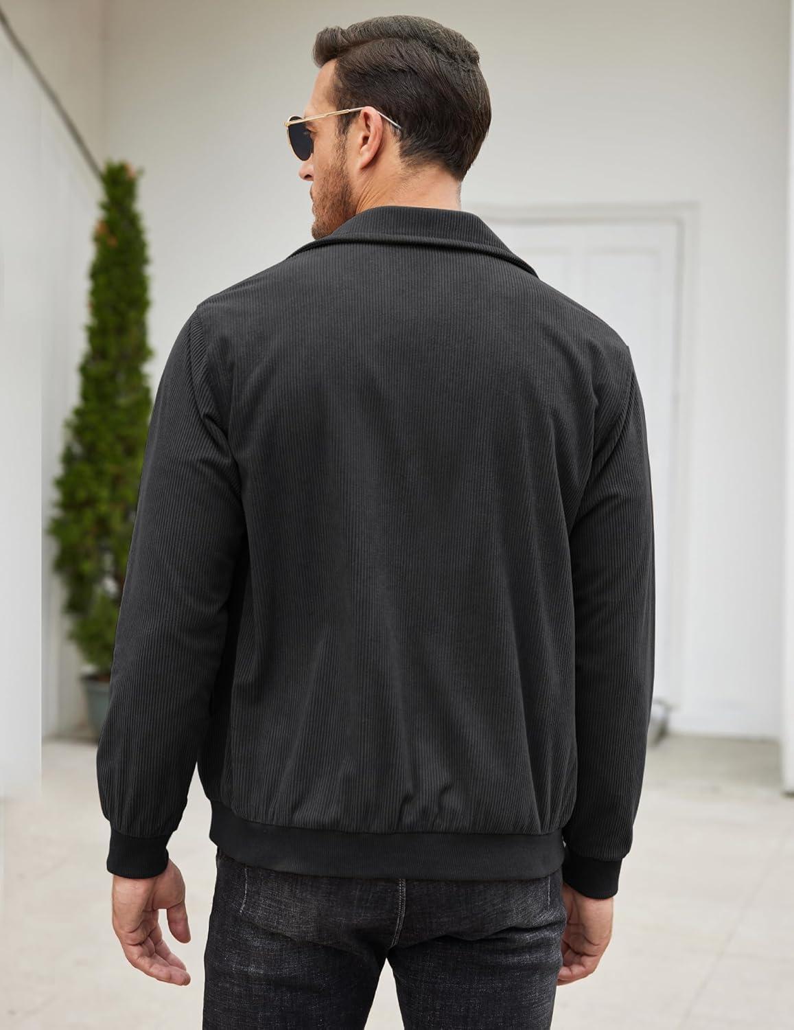imageCOOFANDY Mens Casual Corduroy Jacket Lightweight Zip Up Vintage Jacket Collared Bomber JacketBlack