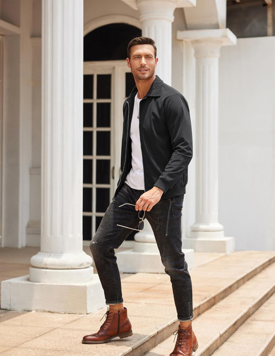 imageCOOFANDY Mens Casual Corduroy Jacket Lightweight Zip Up Vintage Jacket Collared Bomber JacketBlack