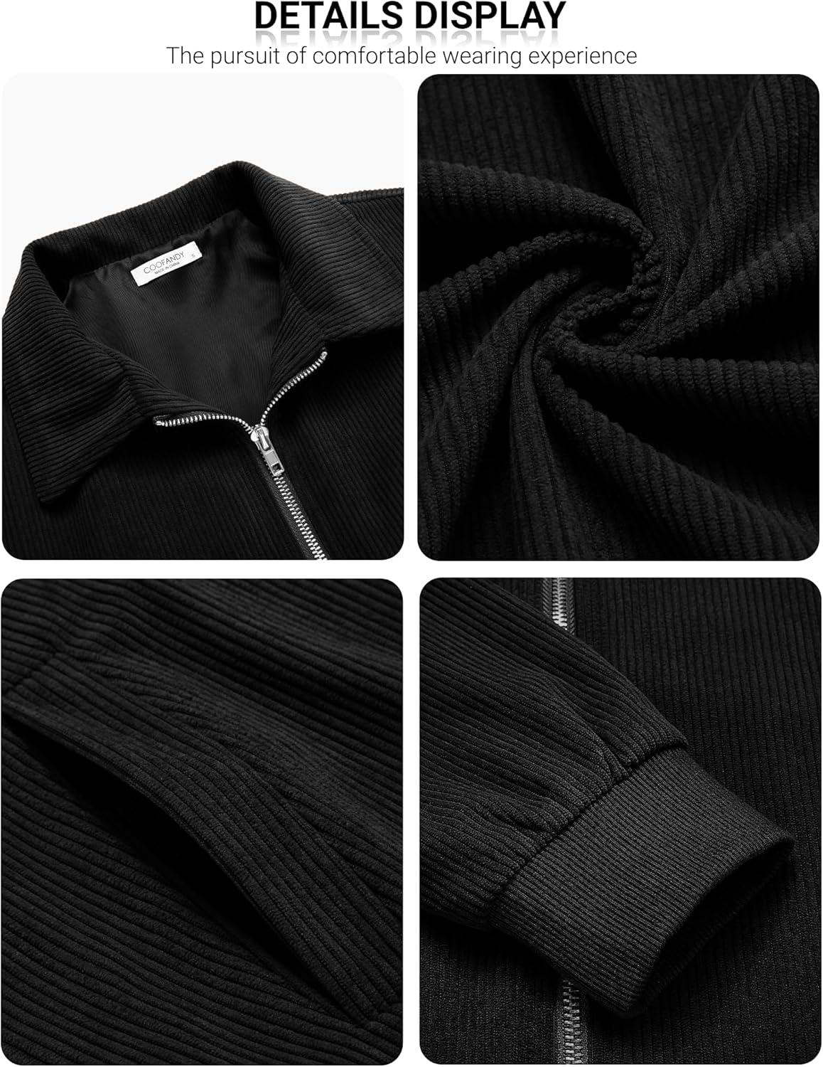 imageCOOFANDY Mens Casual Corduroy Jacket Lightweight Zip Up Vintage Jacket Collared Bomber JacketBlack
