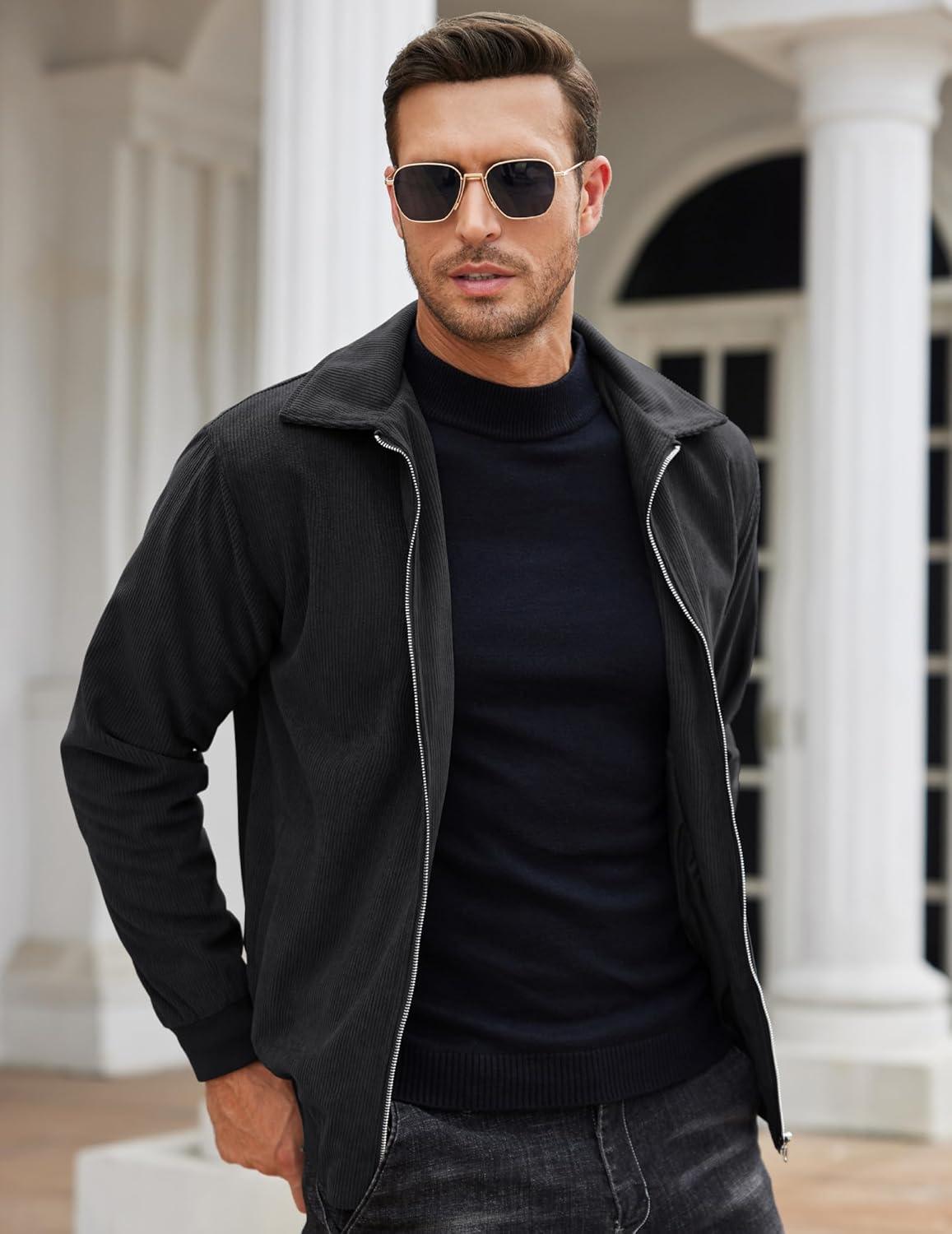 imageCOOFANDY Mens Casual Corduroy Jacket Lightweight Zip Up Vintage Jacket Collared Bomber JacketBlack