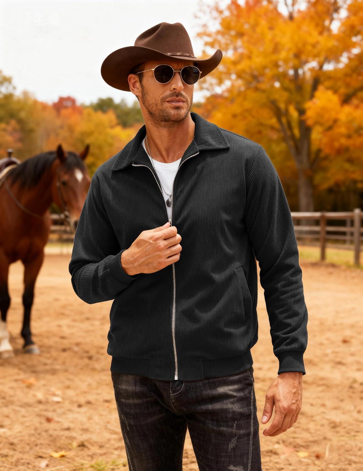 imageCOOFANDY Mens Casual Corduroy Jacket Lightweight Zip Up Vintage Jacket Collared Bomber JacketBlack