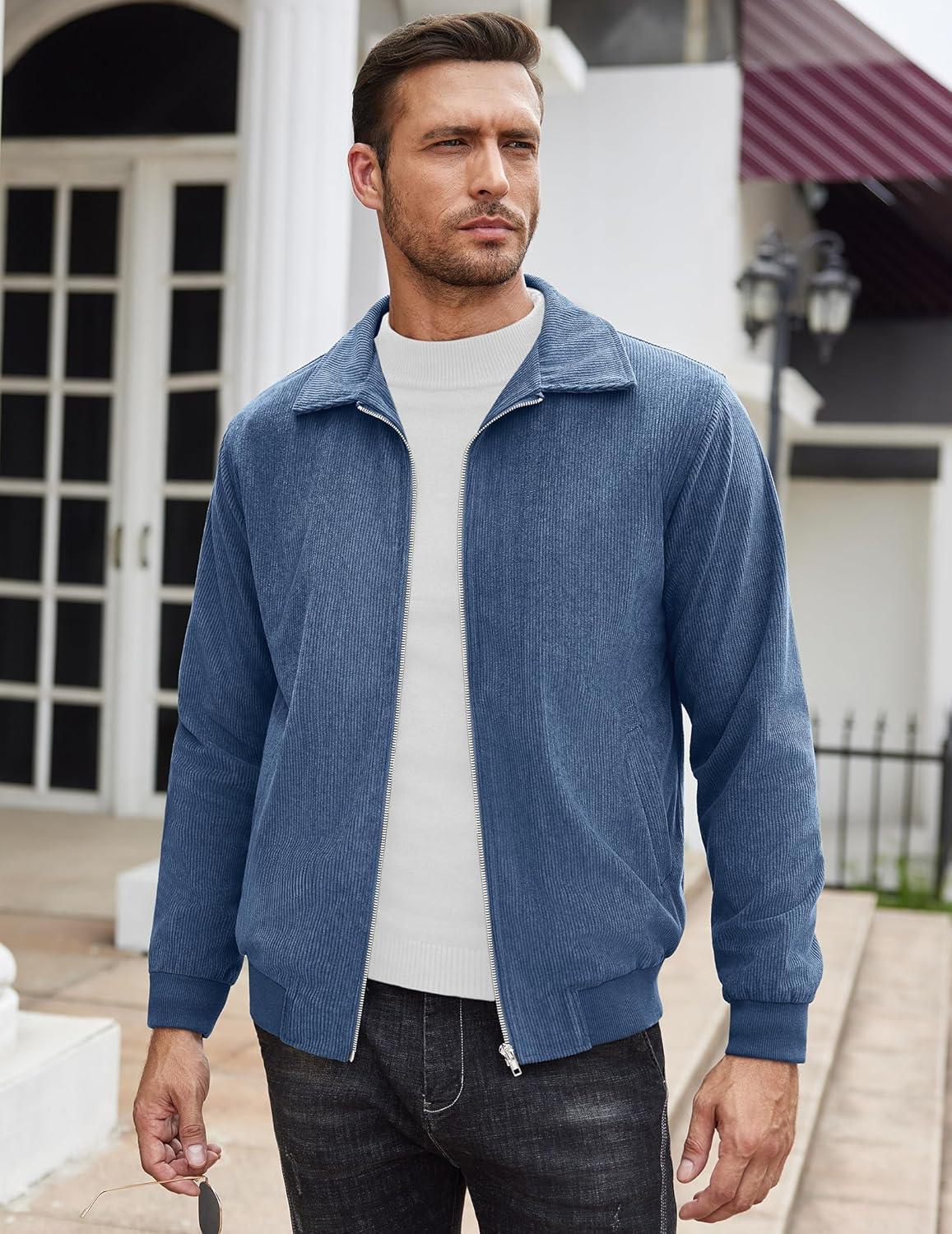 imageCOOFANDY Mens Casual Corduroy Jacket Lightweight Zip Up Vintage Jacket Collared Bomber JacketBlue