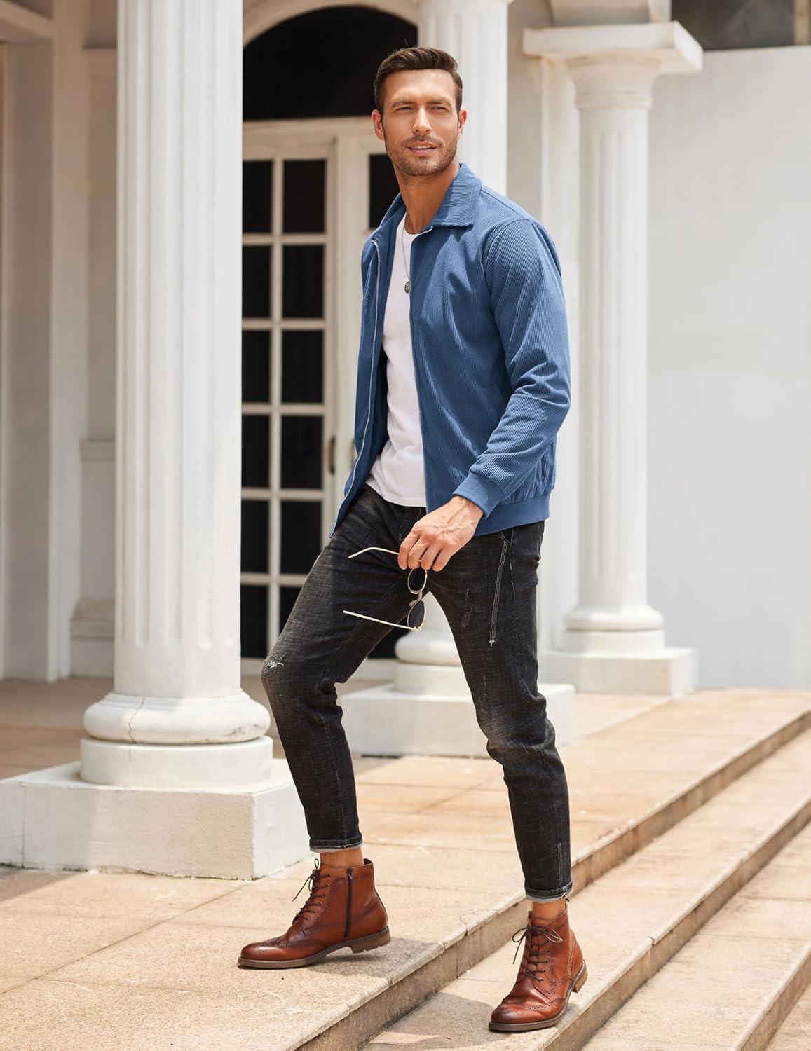 imageCOOFANDY Mens Casual Corduroy Jacket Lightweight Zip Up Vintage Jacket Collared Bomber JacketBlue