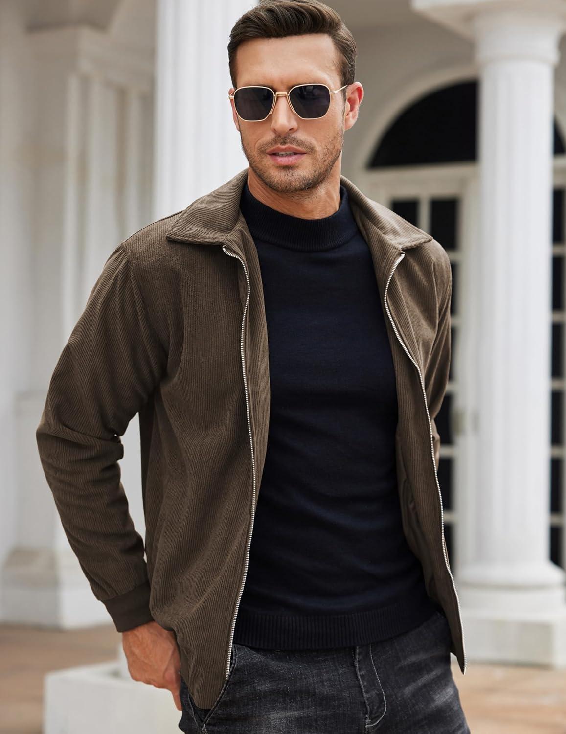 imageCOOFANDY Mens Casual Corduroy Jacket Lightweight Zip Up Vintage Jacket Collared Bomber JacketBrown