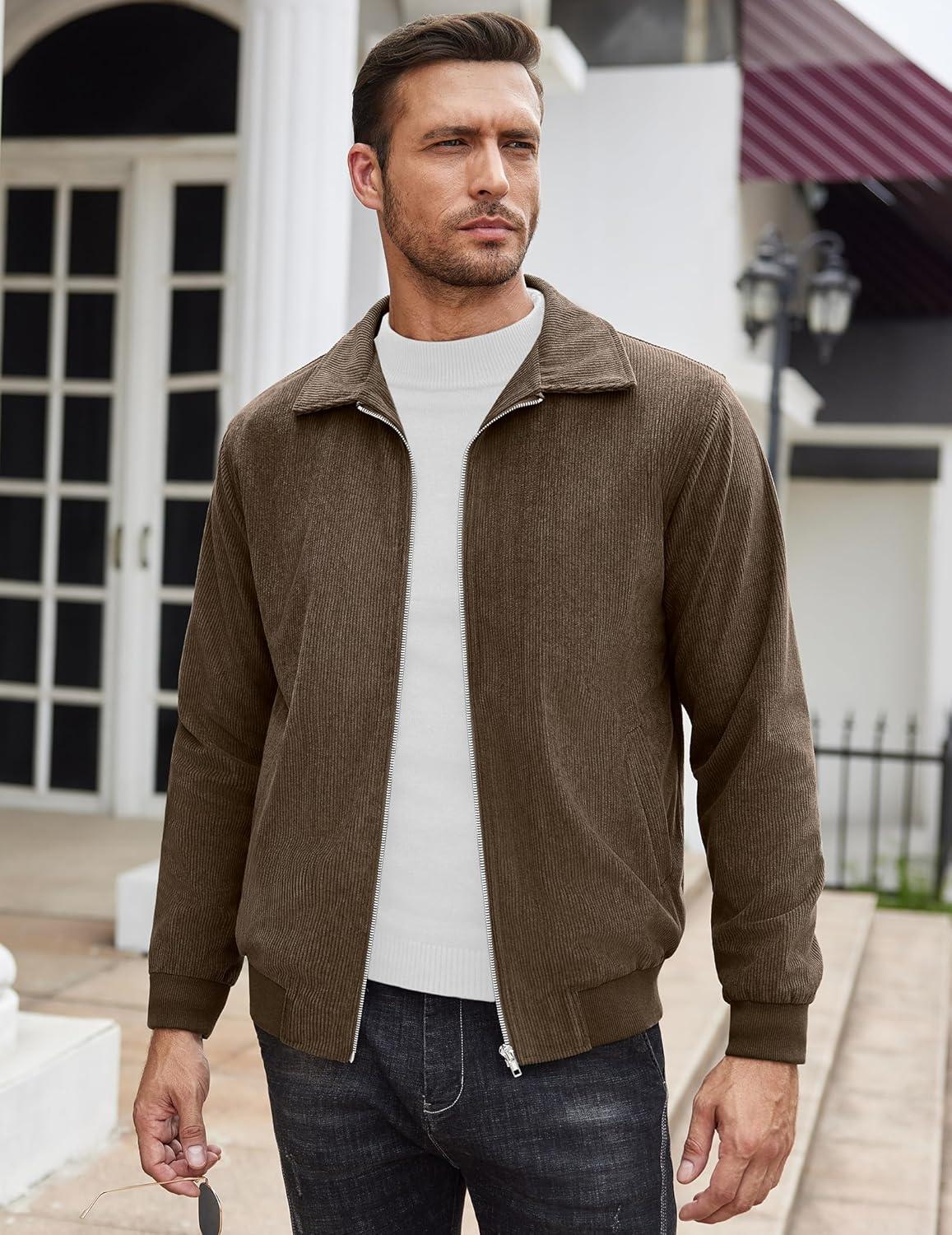 imageCOOFANDY Mens Casual Corduroy Jacket Lightweight Zip Up Vintage Jacket Collared Bomber JacketBrown