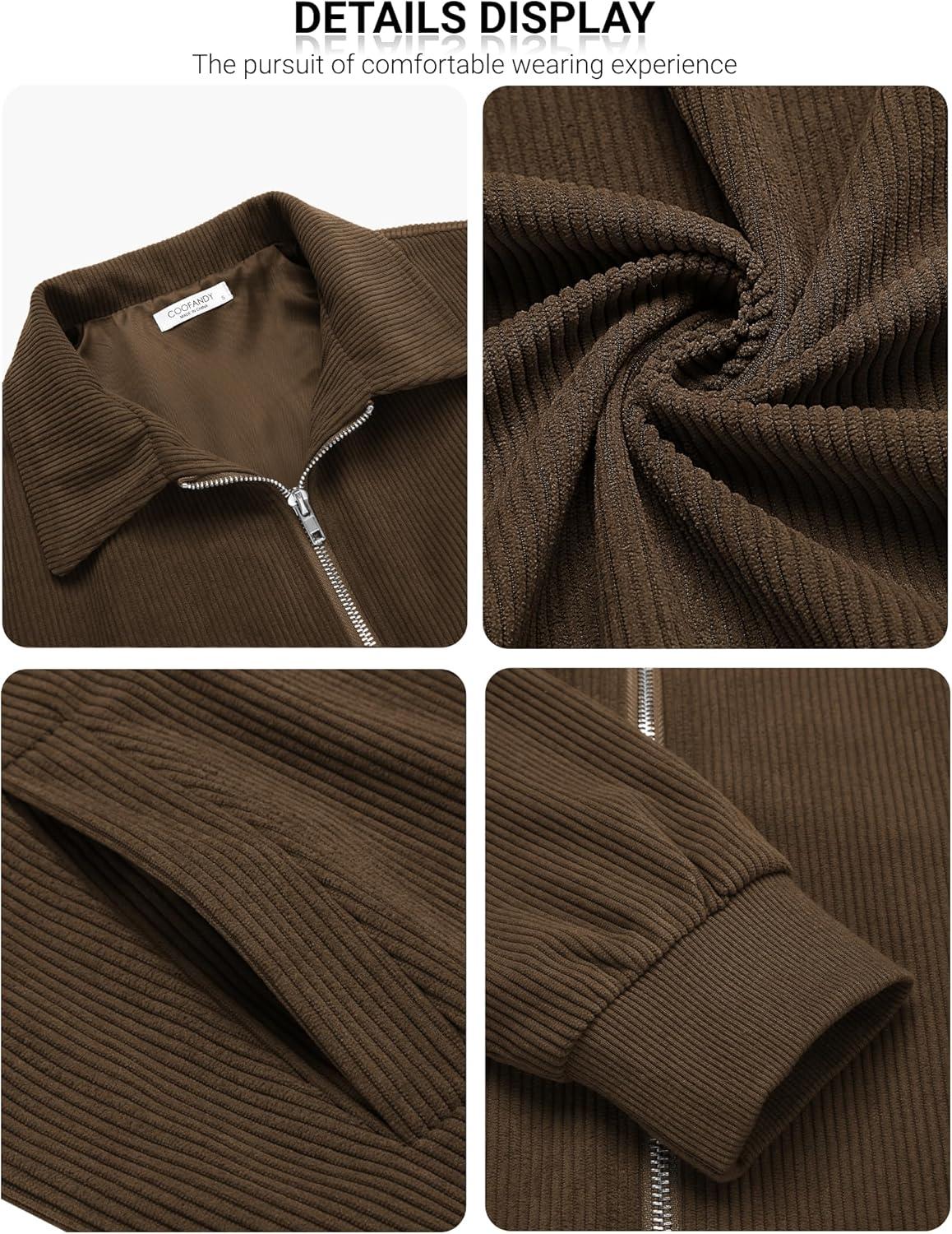 imageCOOFANDY Mens Casual Corduroy Jacket Lightweight Zip Up Vintage Jacket Collared Bomber JacketBrown