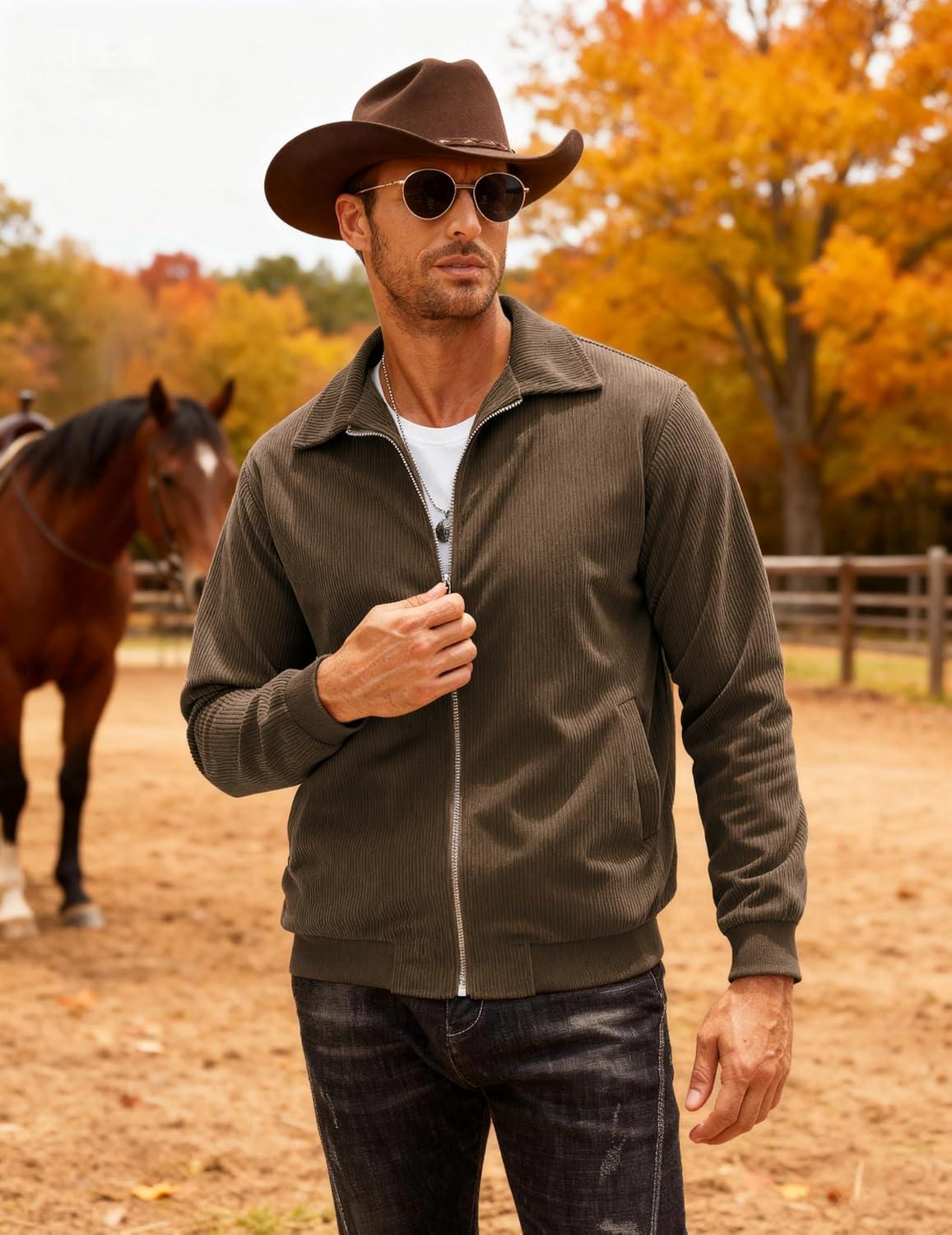 imageCOOFANDY Mens Casual Corduroy Jacket Lightweight Zip Up Vintage Jacket Collared Bomber JacketBrown