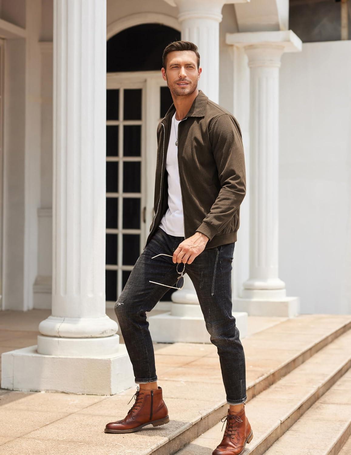 imageCOOFANDY Mens Casual Corduroy Jacket Lightweight Zip Up Vintage Jacket Collared Bomber JacketBrown