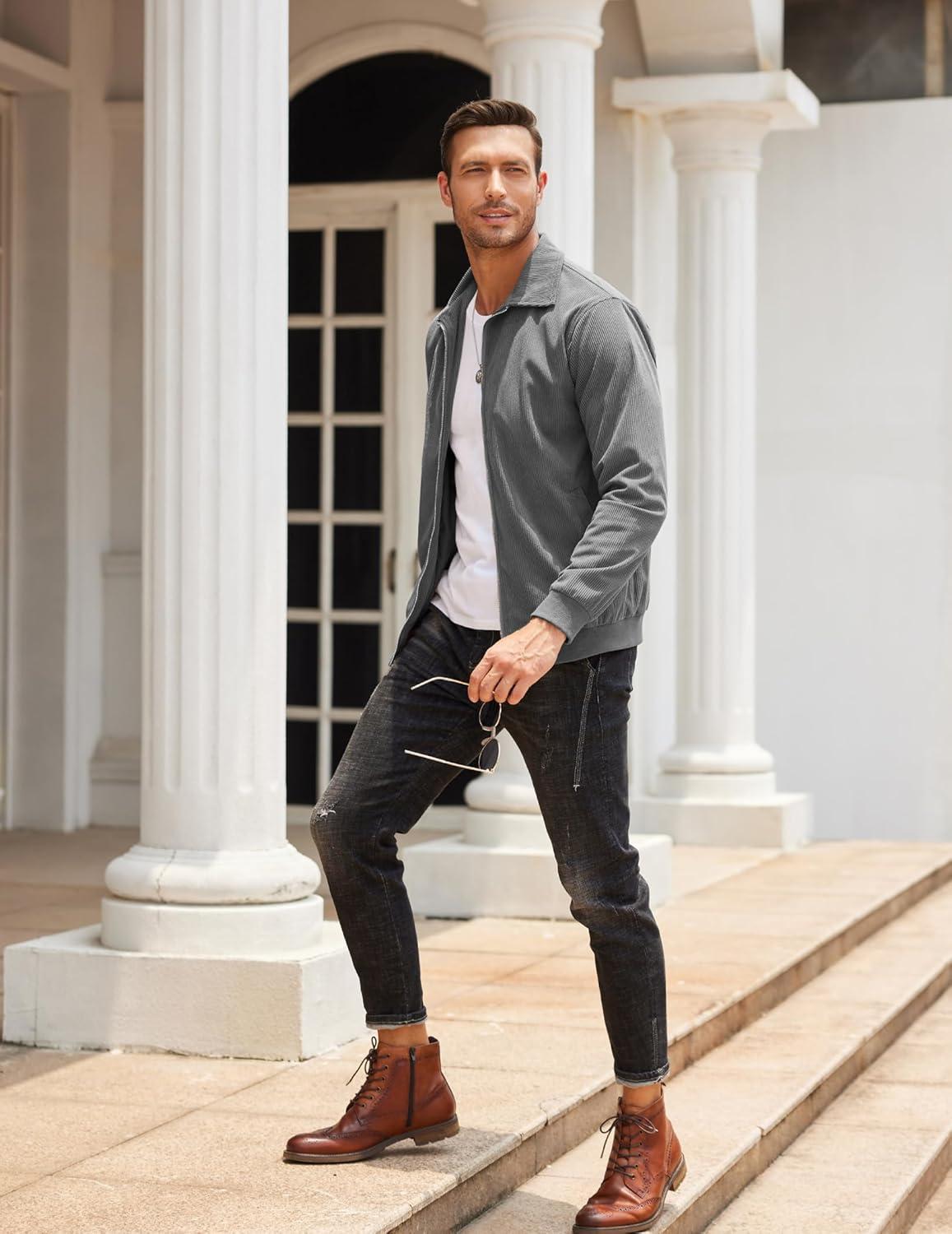 imageCOOFANDY Mens Casual Corduroy Jacket Lightweight Zip Up Vintage Jacket Collared Bomber JacketDark Grey