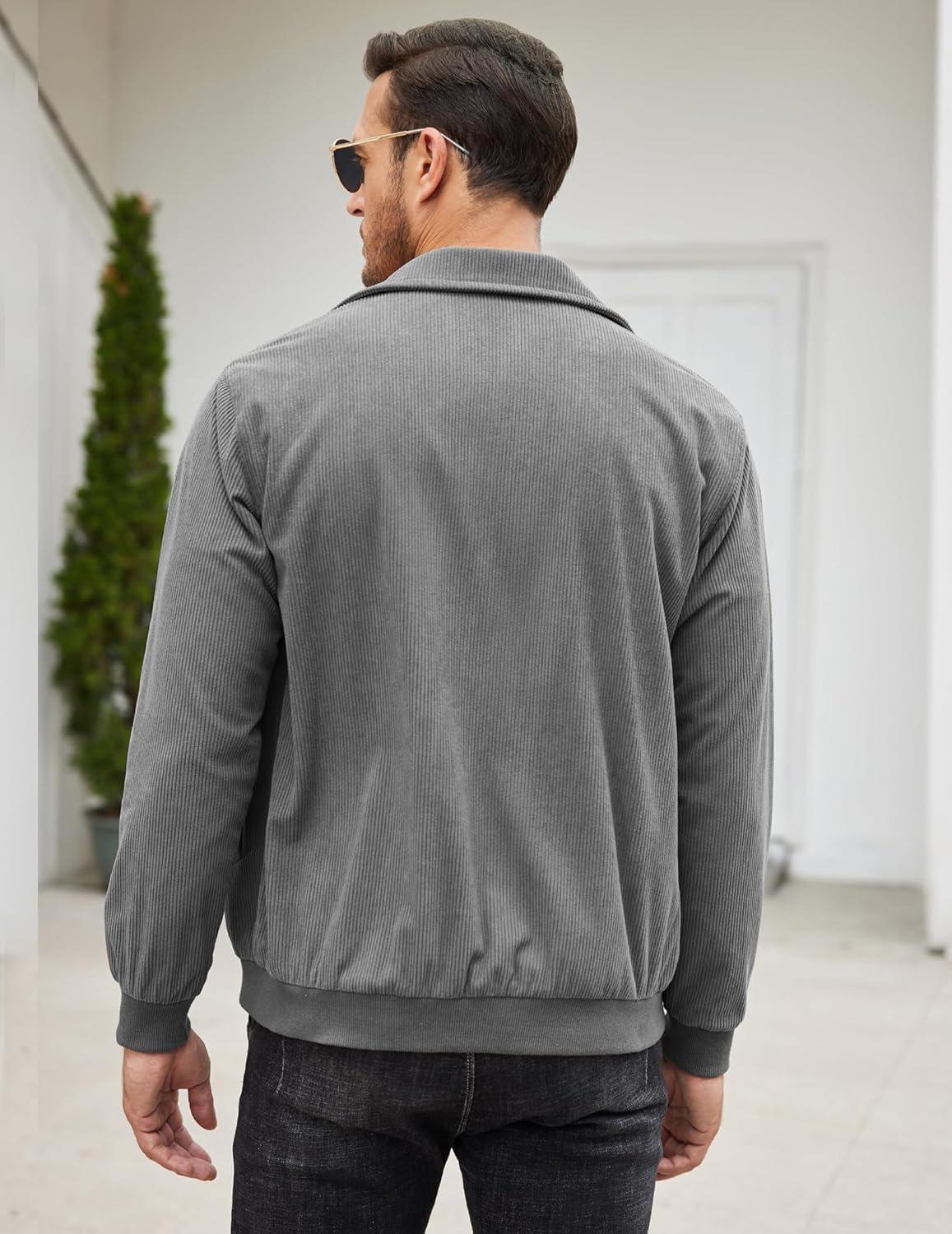 imageCOOFANDY Mens Casual Corduroy Jacket Lightweight Zip Up Vintage Jacket Collared Bomber JacketDark Grey