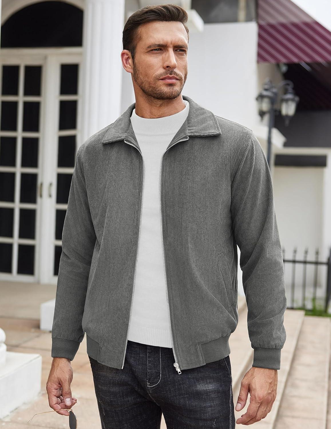 imageCOOFANDY Mens Casual Corduroy Jacket Lightweight Zip Up Vintage Jacket Collared Bomber JacketDark Grey