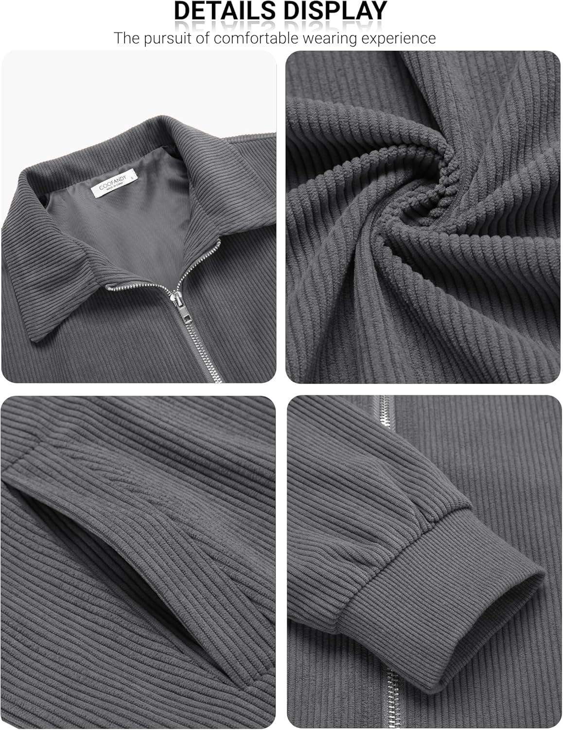 imageCOOFANDY Mens Casual Corduroy Jacket Lightweight Zip Up Vintage Jacket Collared Bomber JacketDark Grey
