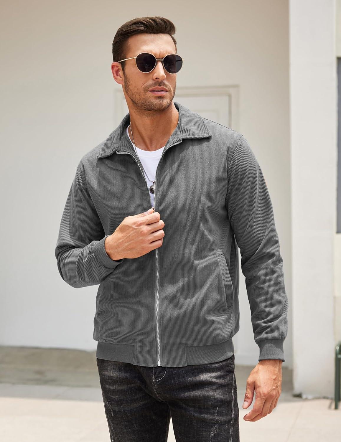 imageCOOFANDY Mens Casual Corduroy Jacket Lightweight Zip Up Vintage Jacket Collared Bomber JacketDark Grey