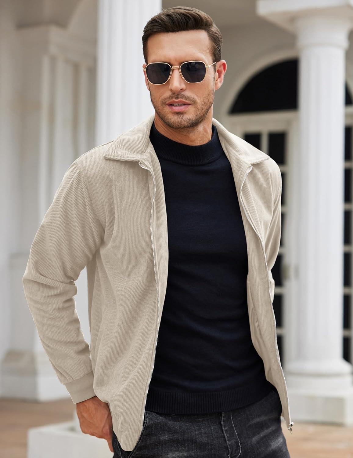 imageCOOFANDY Mens Casual Corduroy Jacket Lightweight Zip Up Vintage Jacket Collared Bomber JacketKhaki