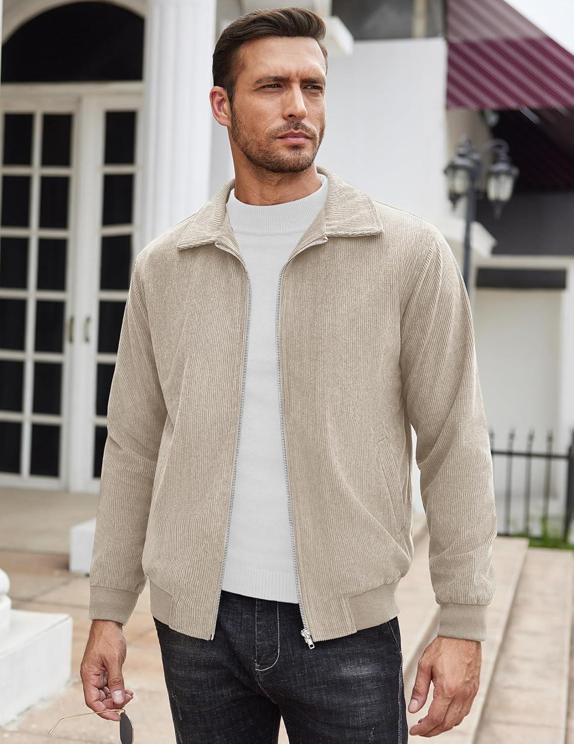 imageCOOFANDY Mens Casual Corduroy Jacket Lightweight Zip Up Vintage Jacket Collared Bomber JacketKhaki