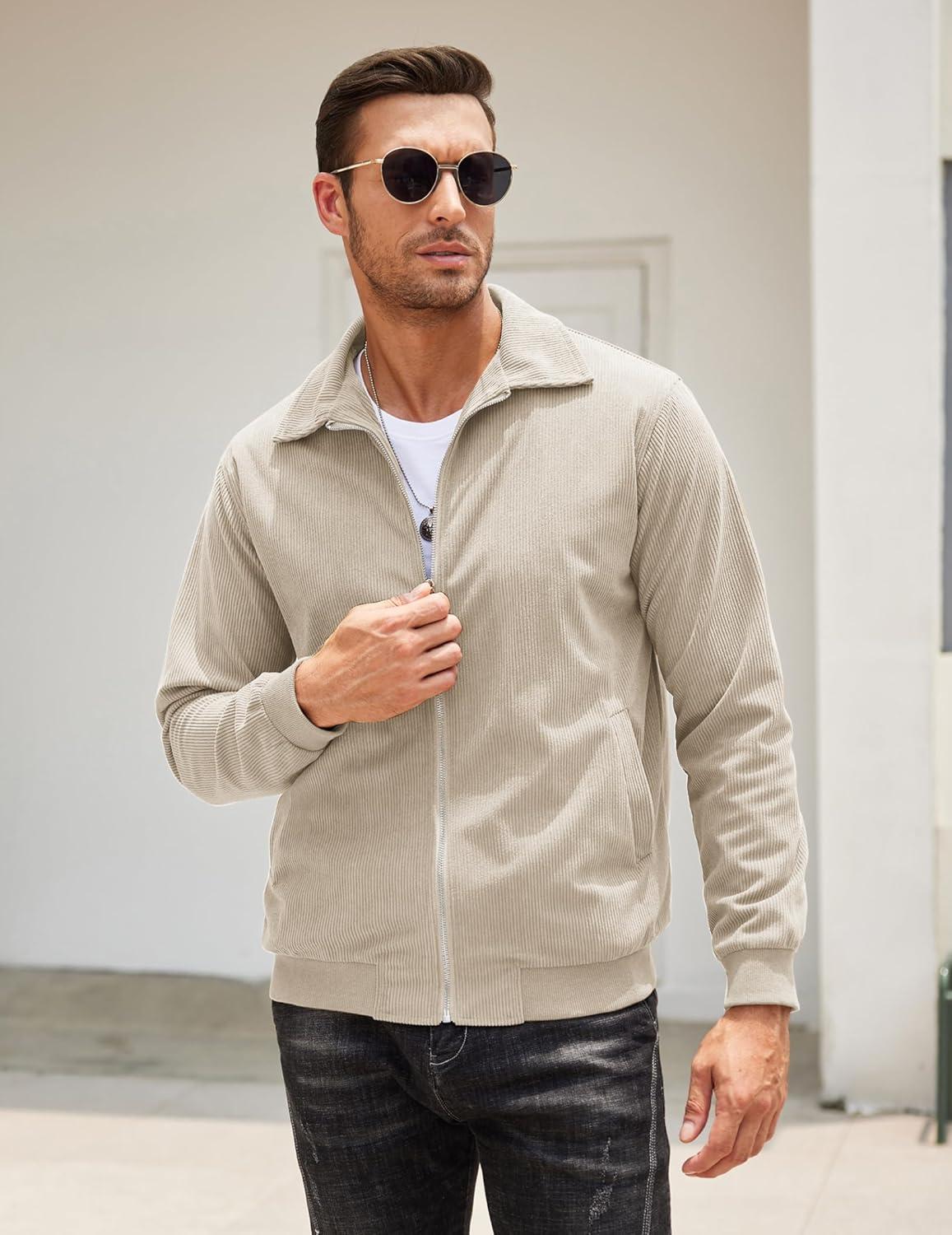 imageCOOFANDY Mens Casual Corduroy Jacket Lightweight Zip Up Vintage Jacket Collared Bomber JacketKhaki