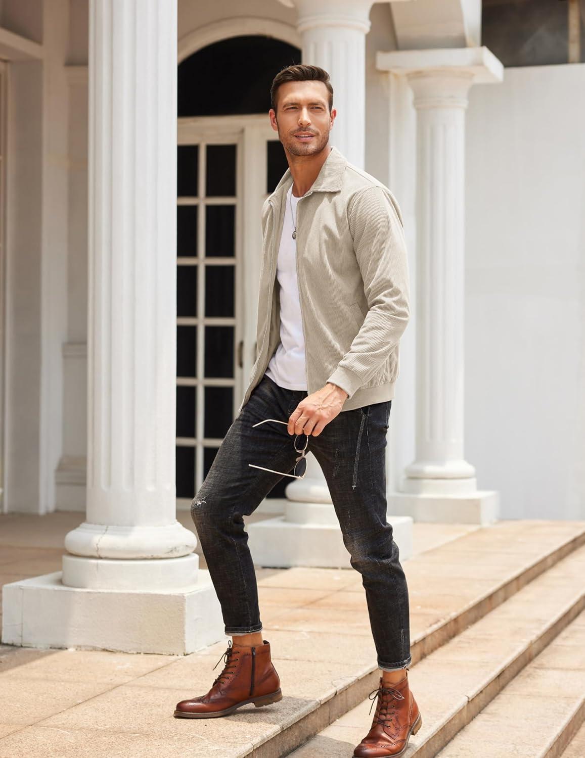 imageCOOFANDY Mens Casual Corduroy Jacket Lightweight Zip Up Vintage Jacket Collared Bomber JacketKhaki