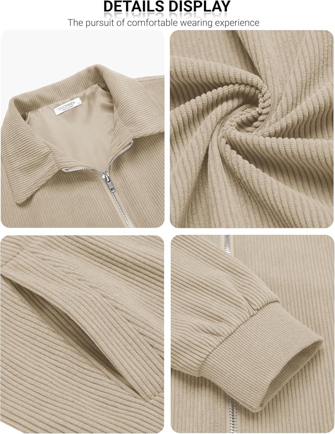 imageCOOFANDY Mens Casual Corduroy Jacket Lightweight Zip Up Vintage Jacket Collared Bomber JacketKhaki