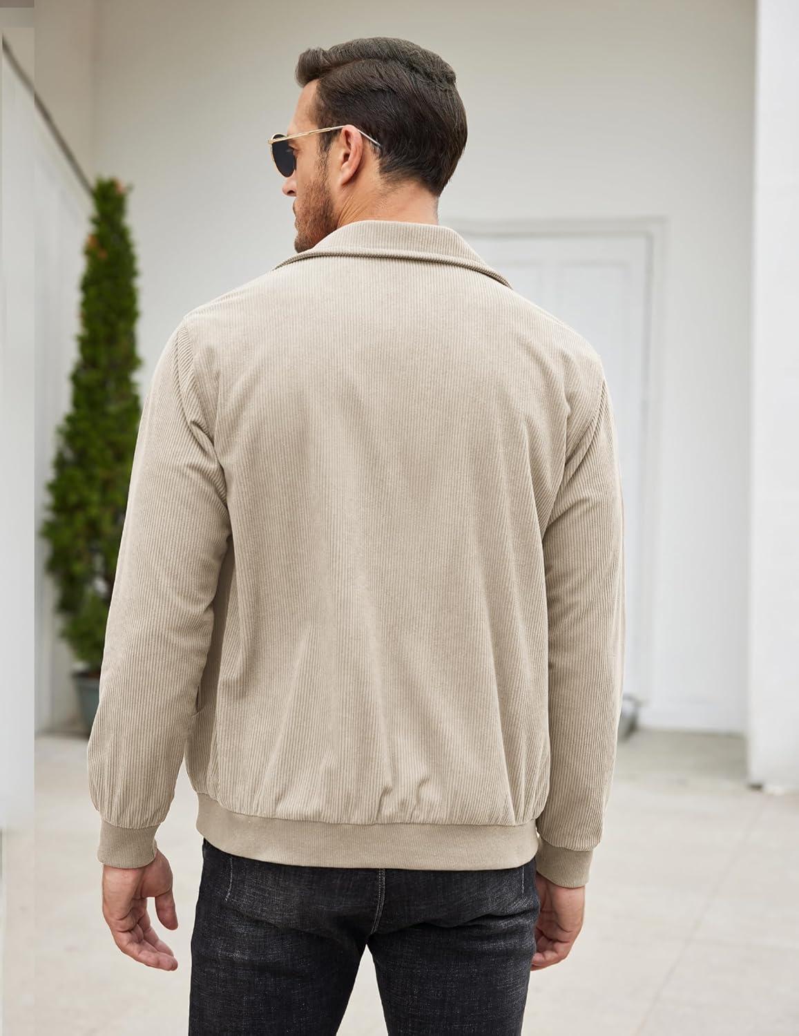 imageCOOFANDY Mens Casual Corduroy Jacket Lightweight Zip Up Vintage Jacket Collared Bomber JacketKhaki