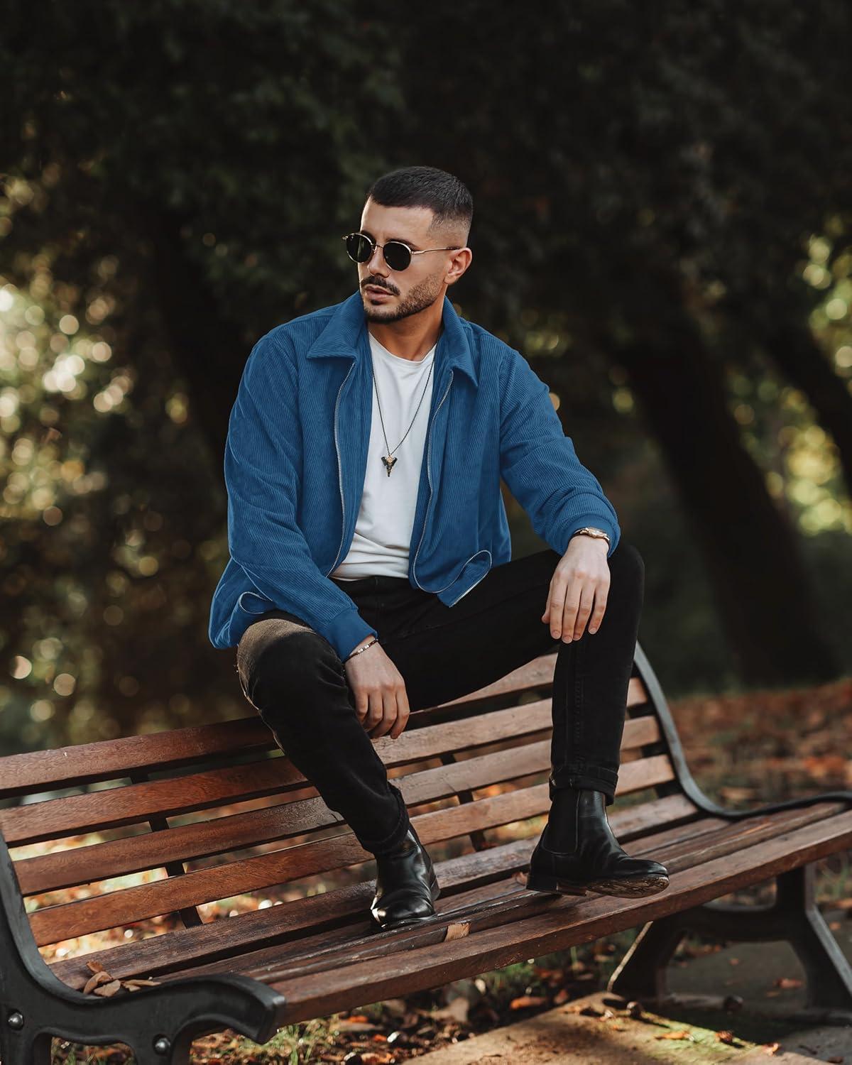 imageCOOFANDY Mens Casual Corduroy Jacket Lightweight Zip Up Vintage Jacket Collared Bomber JacketLake Blue