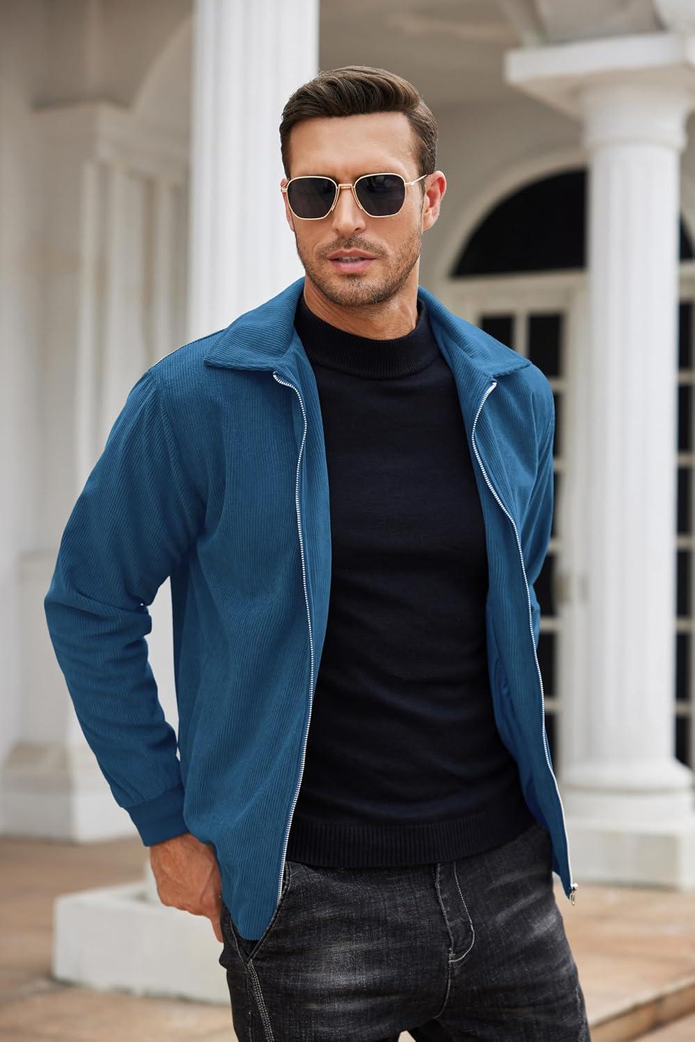 imageCOOFANDY Mens Casual Corduroy Jacket Lightweight Zip Up Vintage Jacket Collared Bomber JacketLake Blue