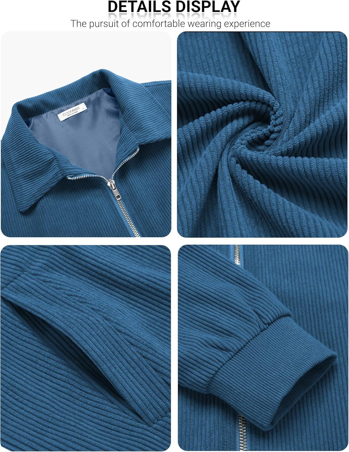 imageCOOFANDY Mens Casual Corduroy Jacket Lightweight Zip Up Vintage Jacket Collared Bomber JacketLake Blue