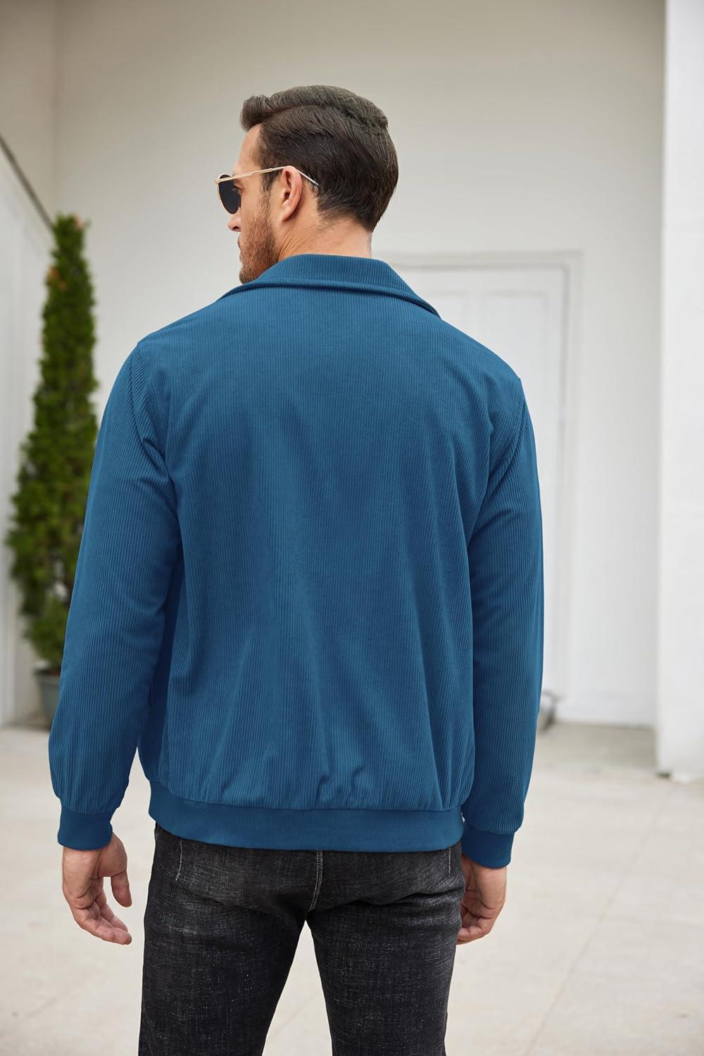 imageCOOFANDY Mens Casual Corduroy Jacket Lightweight Zip Up Vintage Jacket Collared Bomber JacketLake Blue