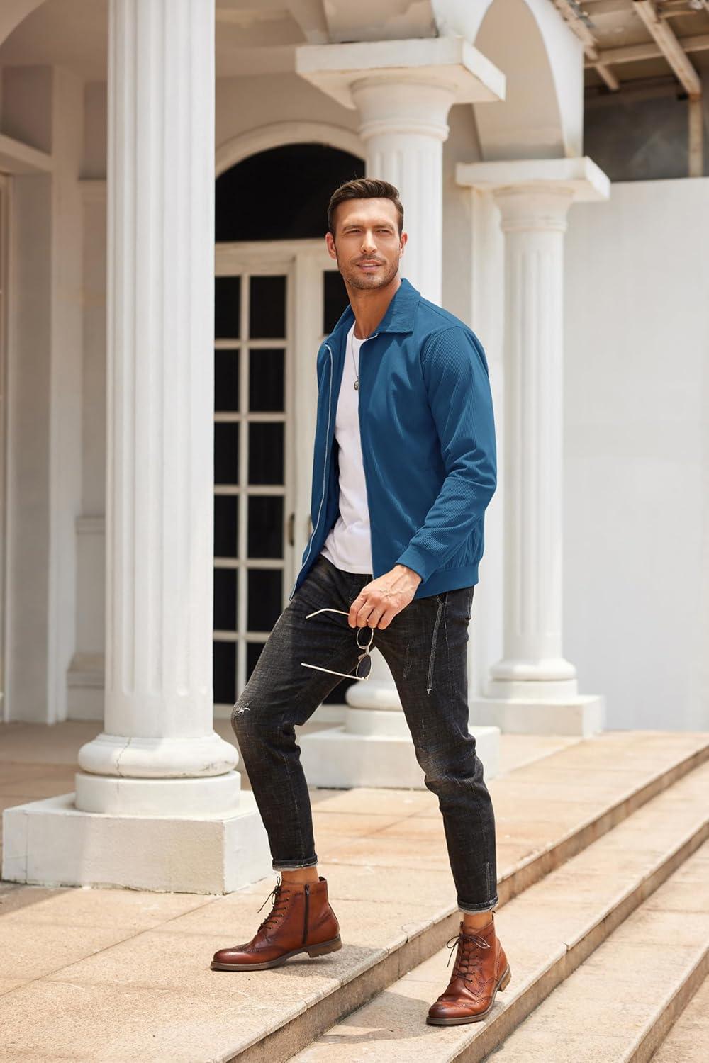 imageCOOFANDY Mens Casual Corduroy Jacket Lightweight Zip Up Vintage Jacket Collared Bomber JacketLake Blue