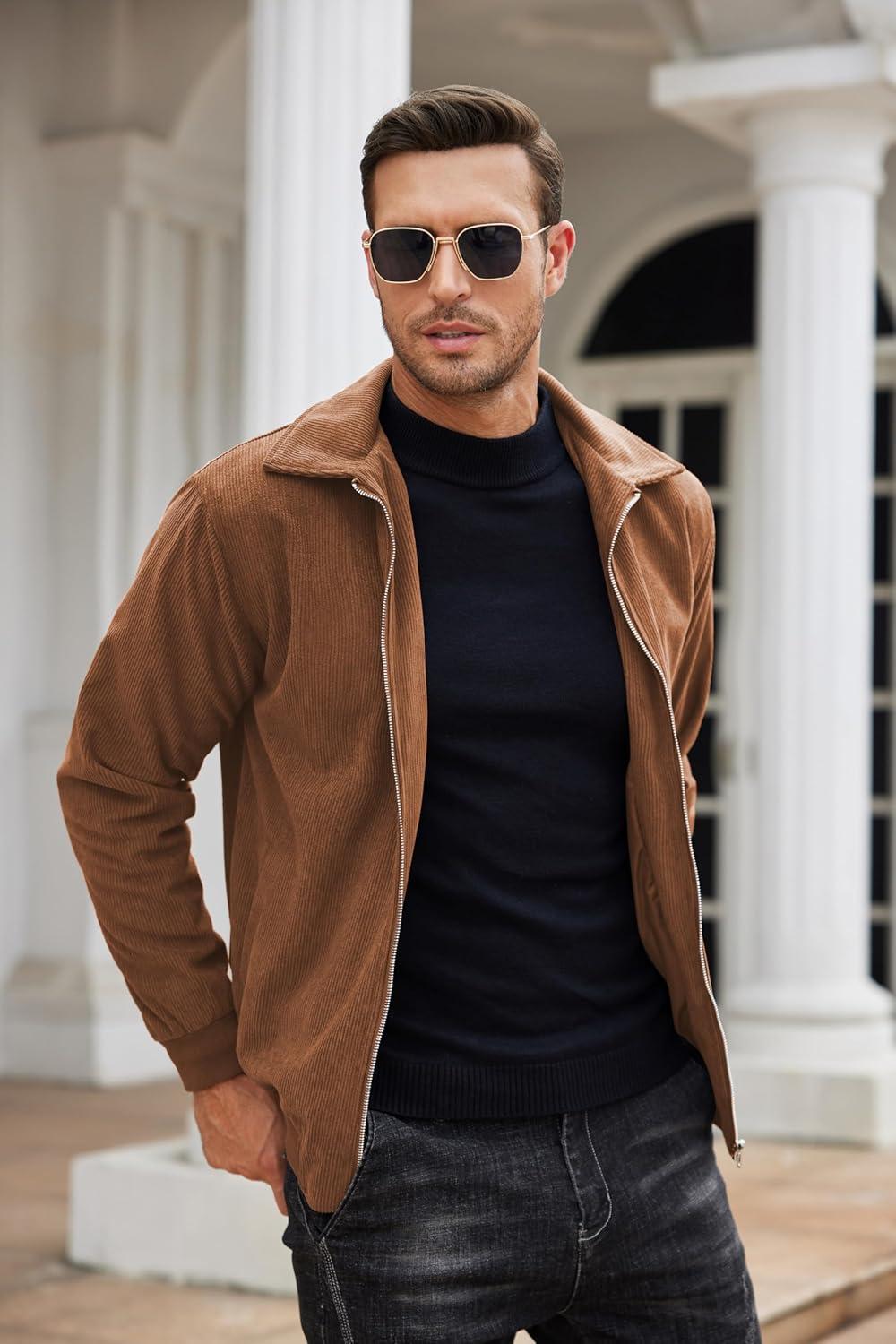 imageCOOFANDY Mens Casual Corduroy Jacket Lightweight Zip Up Vintage Jacket Collared Bomber JacketLight Brown