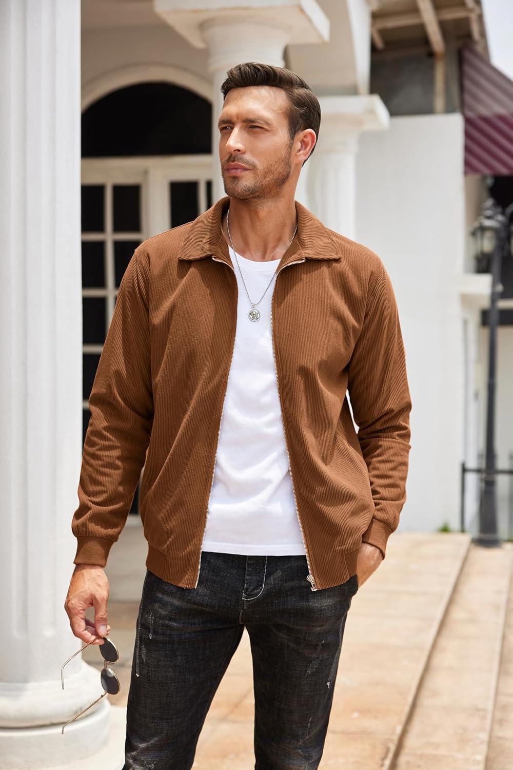 imageCOOFANDY Mens Casual Corduroy Jacket Lightweight Zip Up Vintage Jacket Collared Bomber JacketLight Brown