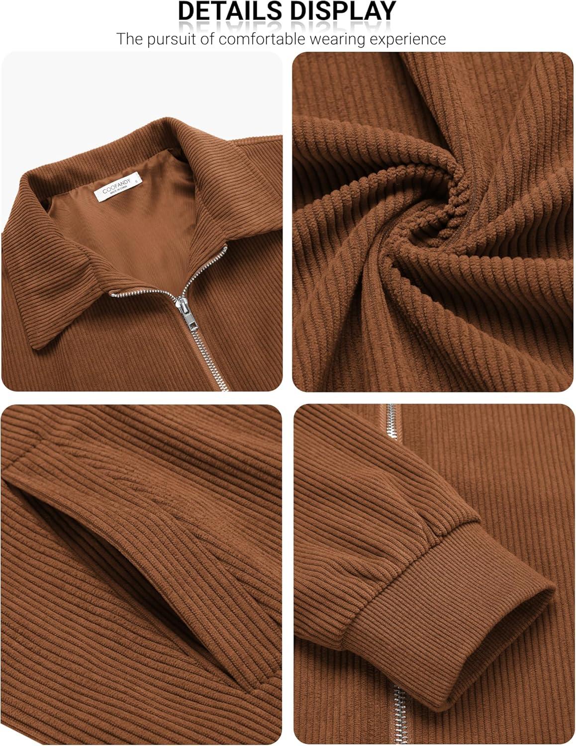 imageCOOFANDY Mens Casual Corduroy Jacket Lightweight Zip Up Vintage Jacket Collared Bomber JacketLight Brown