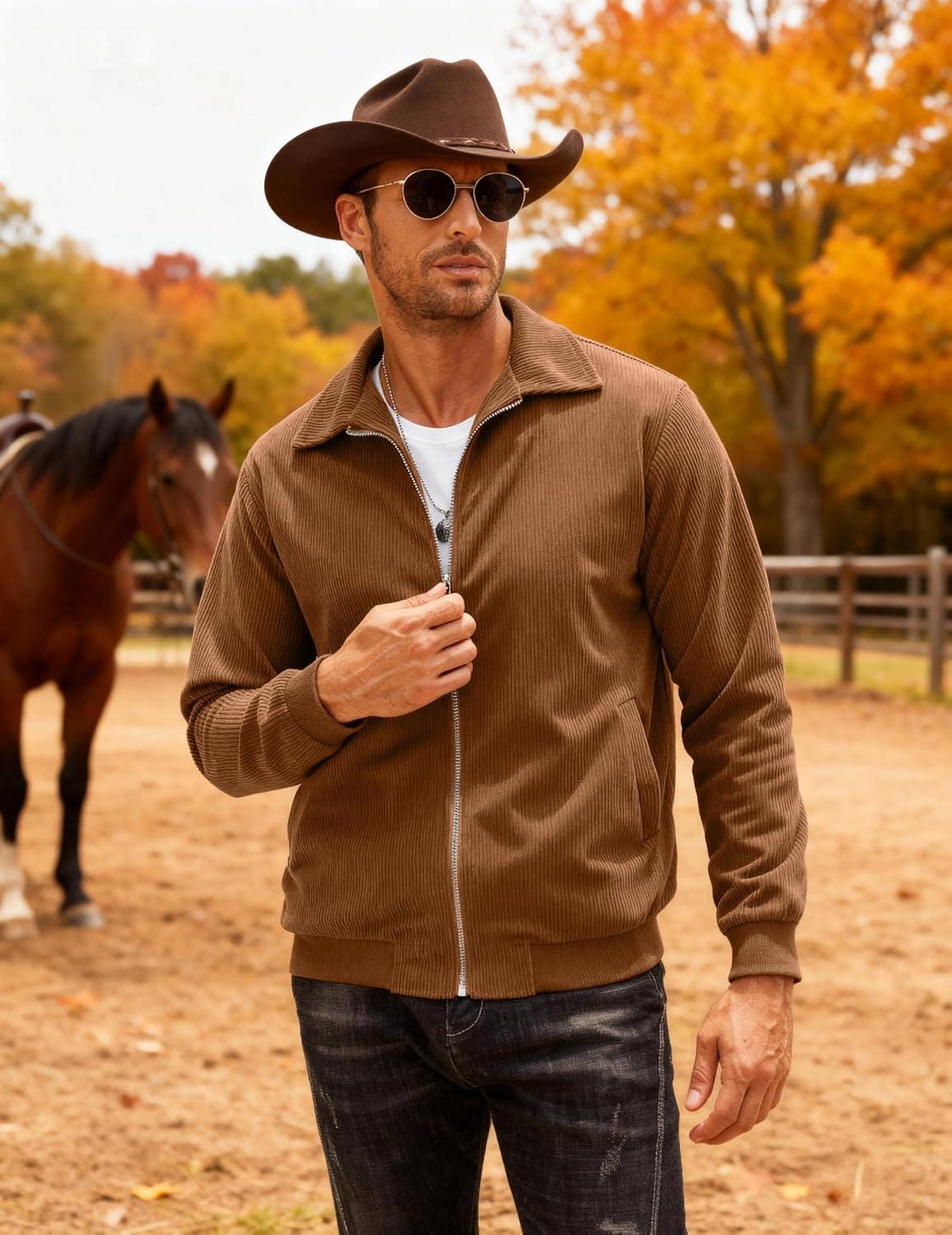 imageCOOFANDY Mens Casual Corduroy Jacket Lightweight Zip Up Vintage Jacket Collared Bomber JacketLight Brown