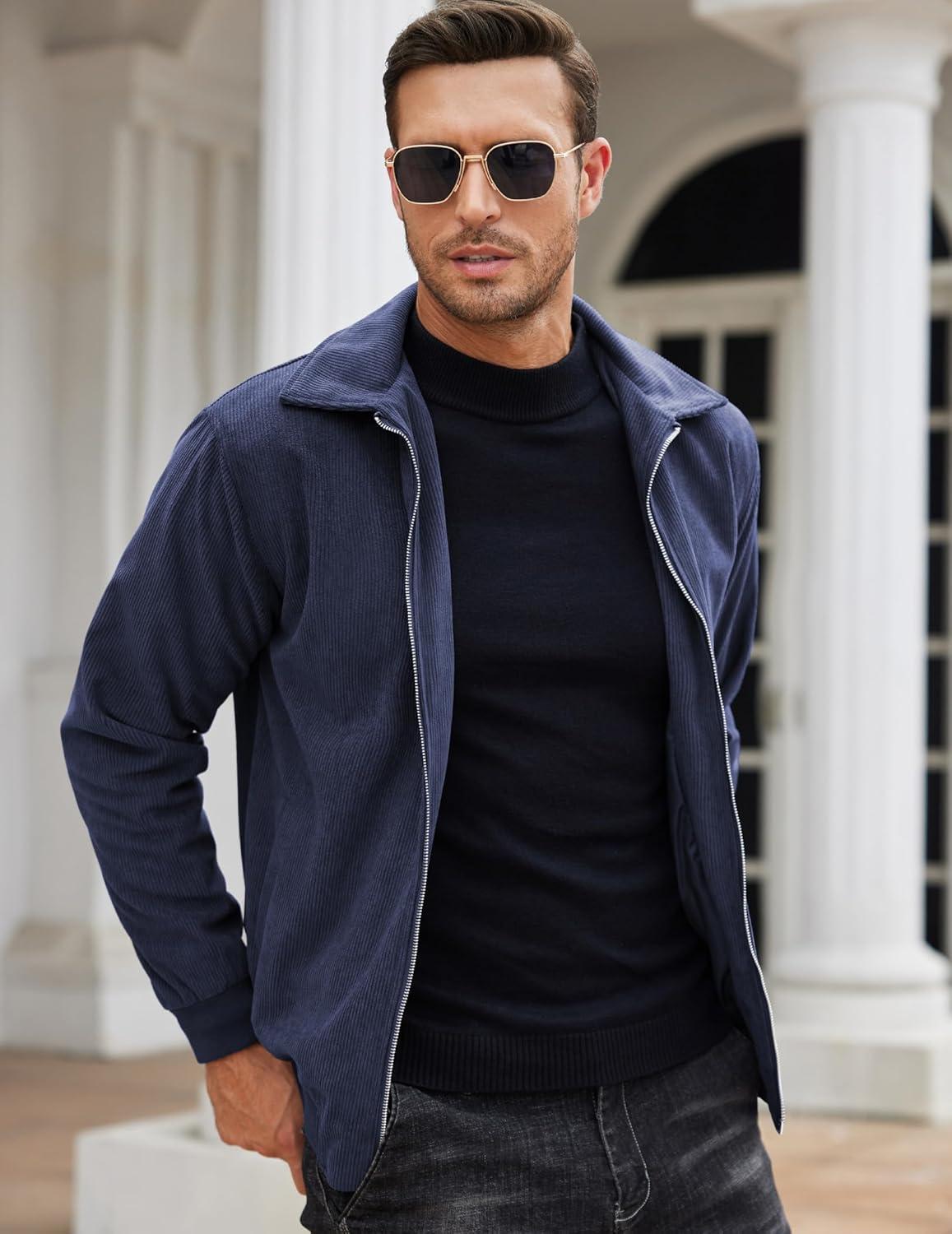 imageCOOFANDY Mens Casual Corduroy Jacket Lightweight Zip Up Vintage Jacket Collared Bomber JacketNavy Blue