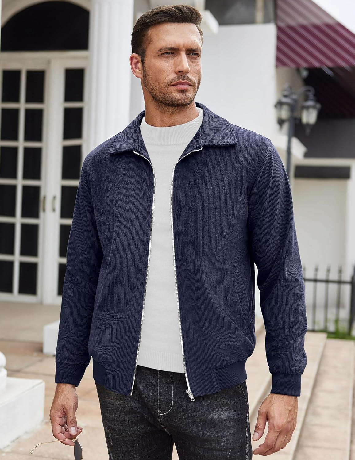 imageCOOFANDY Mens Casual Corduroy Jacket Lightweight Zip Up Vintage Jacket Collared Bomber JacketNavy Blue