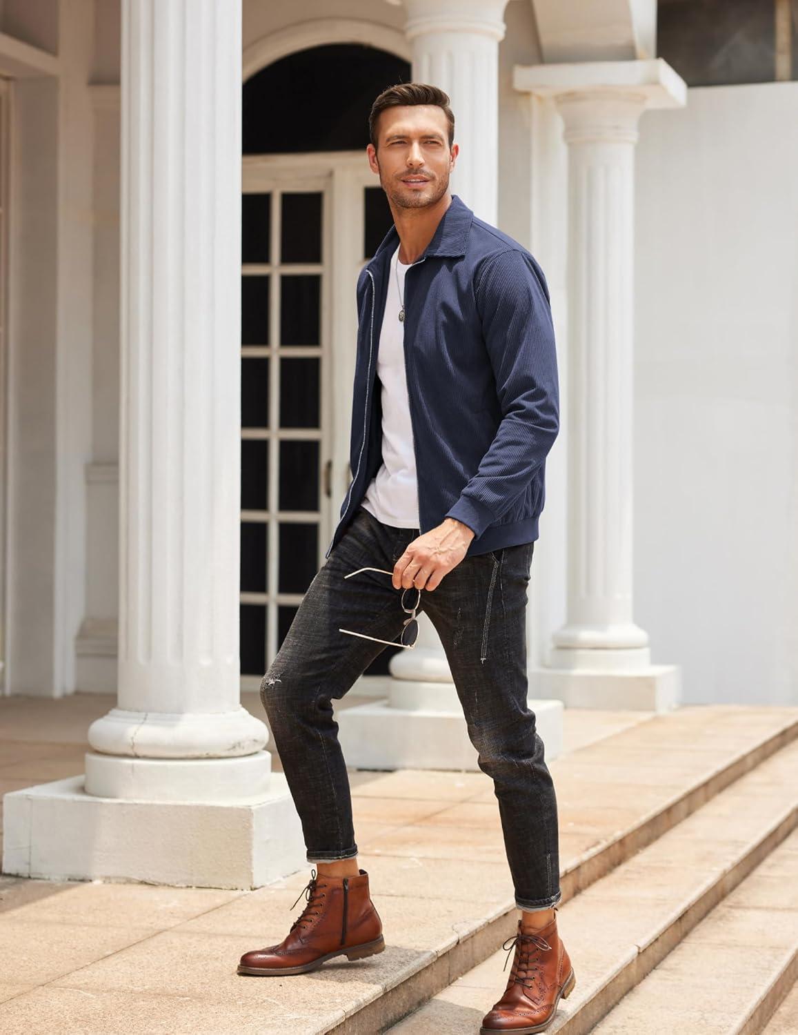 imageCOOFANDY Mens Casual Corduroy Jacket Lightweight Zip Up Vintage Jacket Collared Bomber JacketNavy Blue