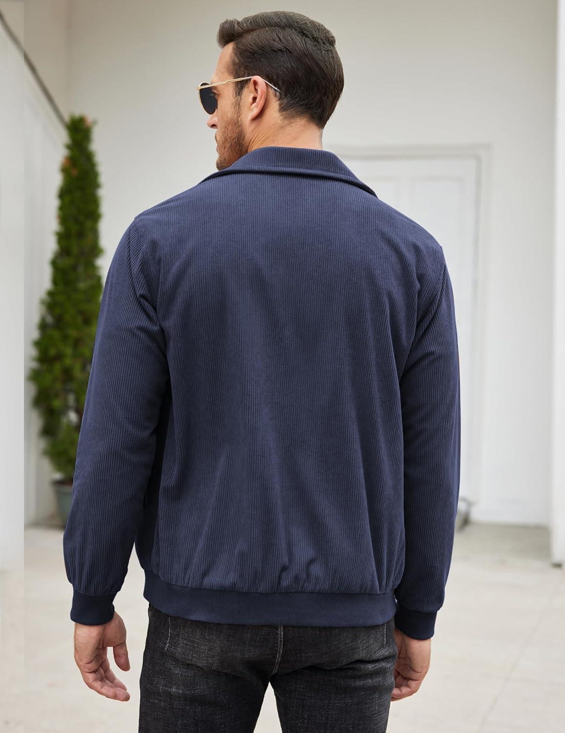 imageCOOFANDY Mens Casual Corduroy Jacket Lightweight Zip Up Vintage Jacket Collared Bomber JacketNavy Blue