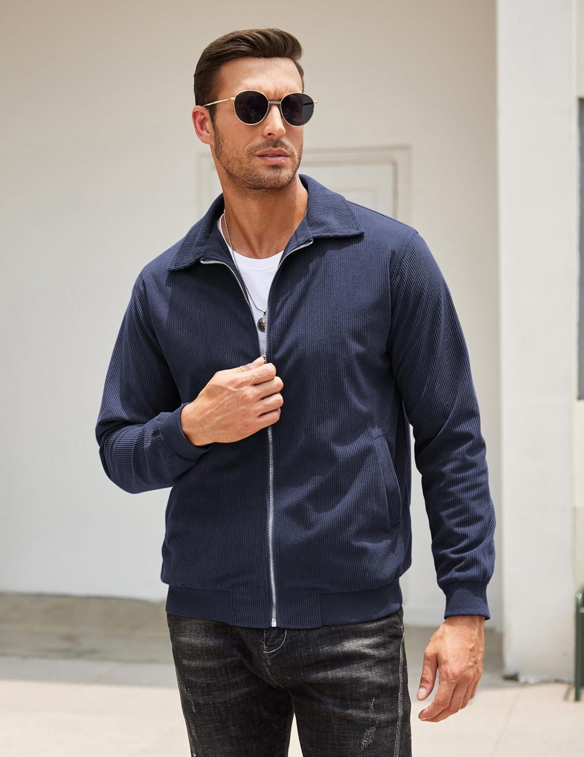 imageCOOFANDY Mens Casual Corduroy Jacket Lightweight Zip Up Vintage Jacket Collared Bomber JacketNavy Blue