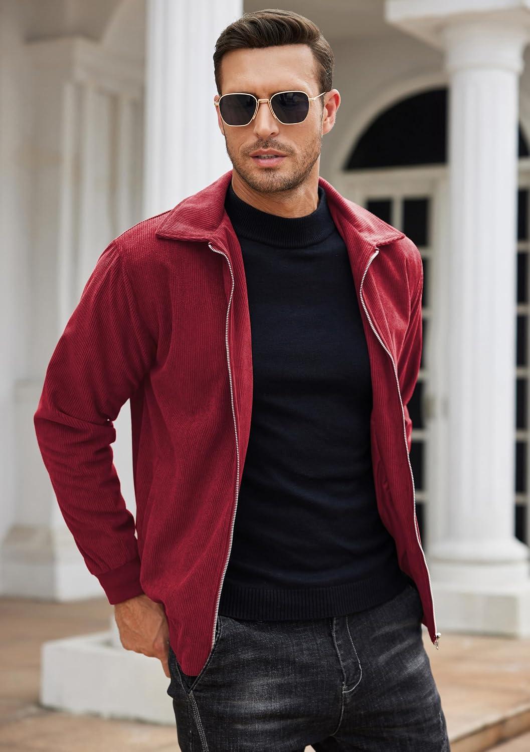 imageCOOFANDY Mens Casual Corduroy Jacket Lightweight Zip Up Vintage Jacket Collared Bomber JacketWine Red