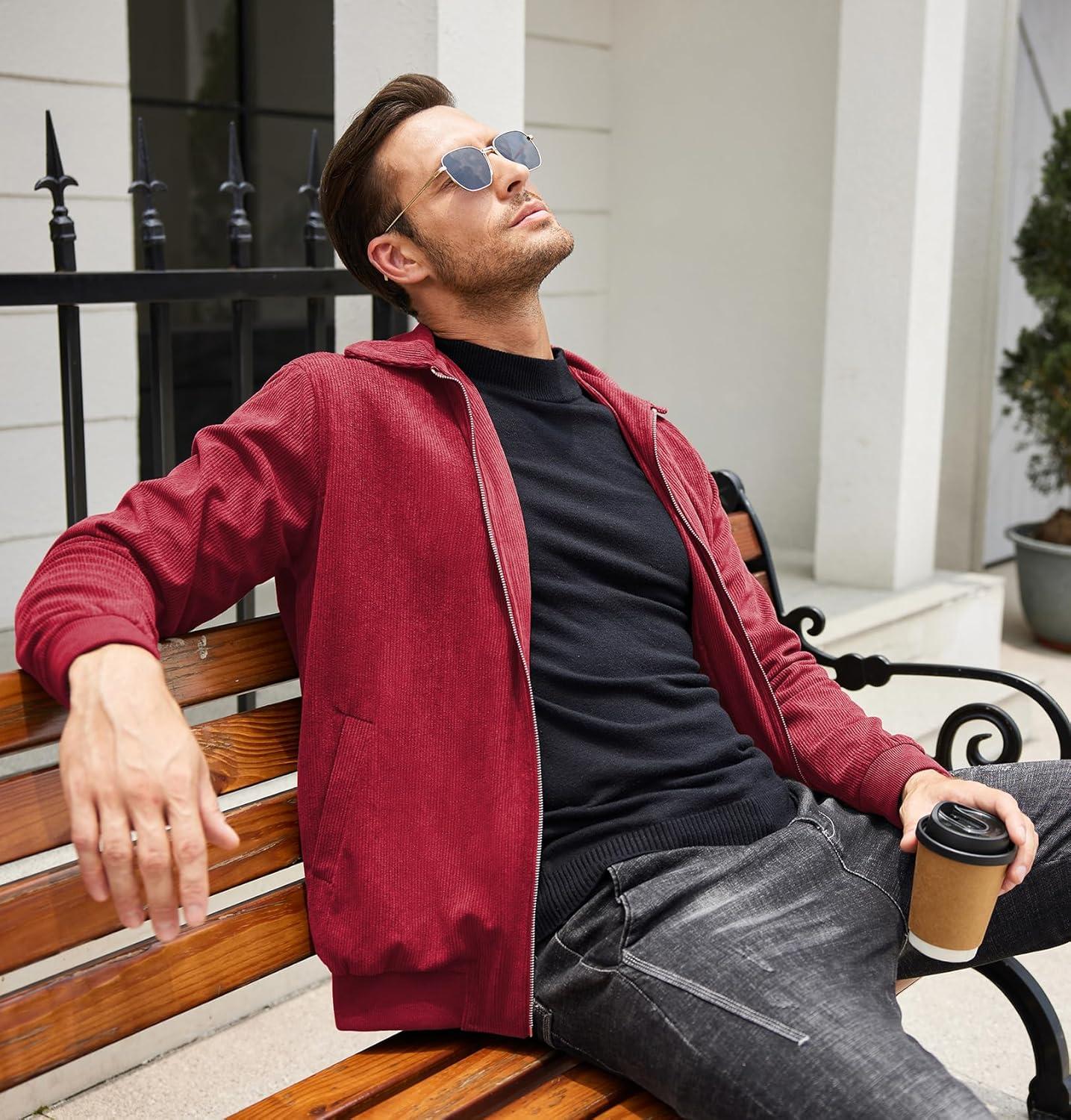 imageCOOFANDY Mens Casual Corduroy Jacket Lightweight Zip Up Vintage Jacket Collared Bomber JacketWine Red