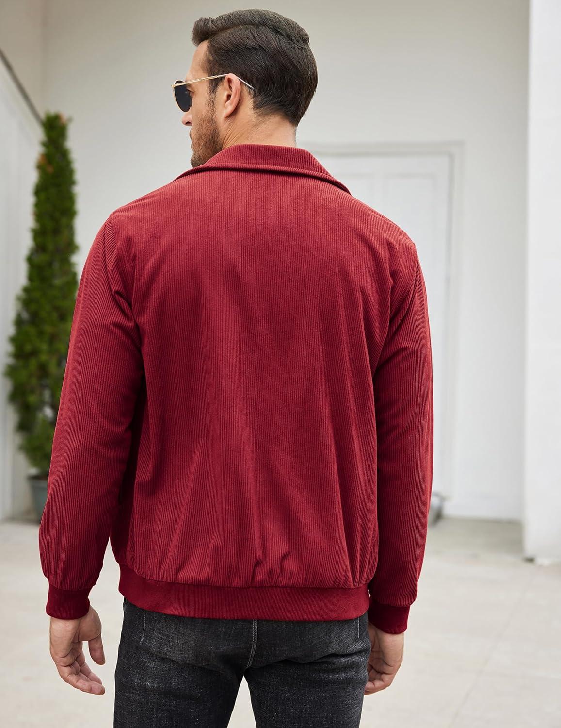 imageCOOFANDY Mens Casual Corduroy Jacket Lightweight Zip Up Vintage Jacket Collared Bomber JacketWine Red