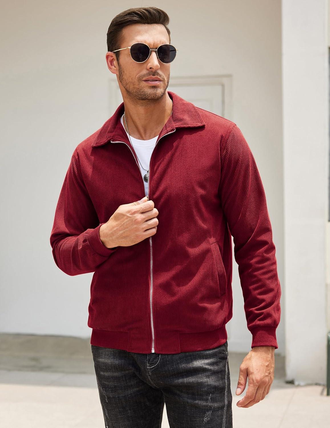 imageCOOFANDY Mens Casual Corduroy Jacket Lightweight Zip Up Vintage Jacket Collared Bomber JacketWine Red