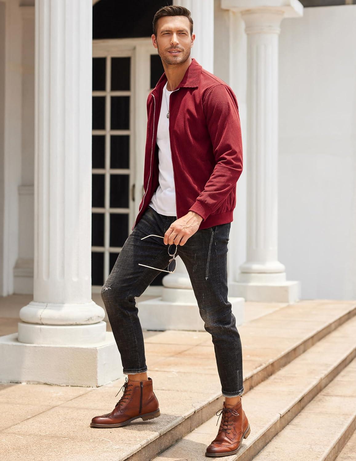 imageCOOFANDY Mens Casual Corduroy Jacket Lightweight Zip Up Vintage Jacket Collared Bomber JacketWine Red