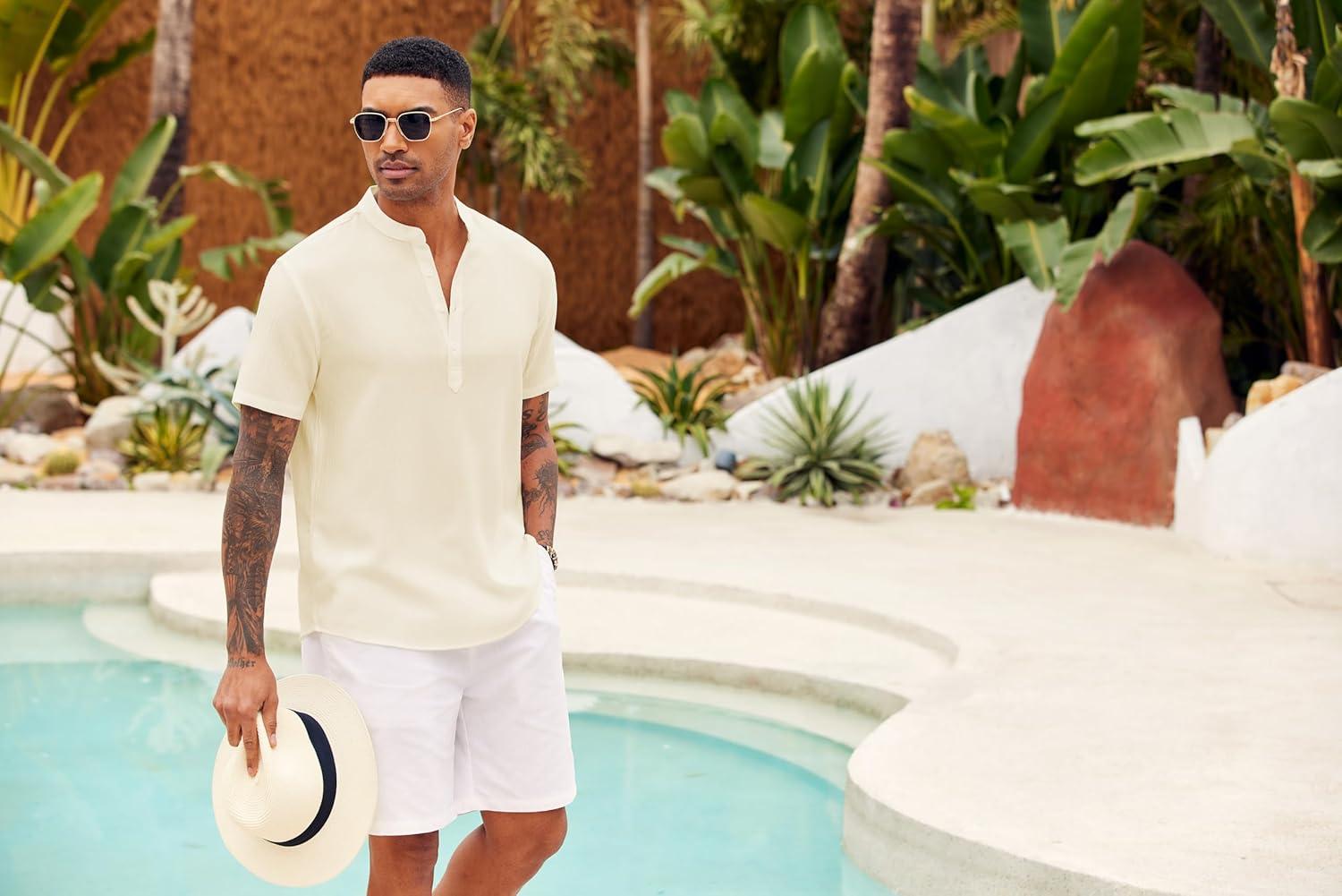 imageCOOFANDY Mens Casual Henley Shirt Short Sleeve Summer Shirts Linen Band Collar Summer Beach Hippie TShirtsBeige