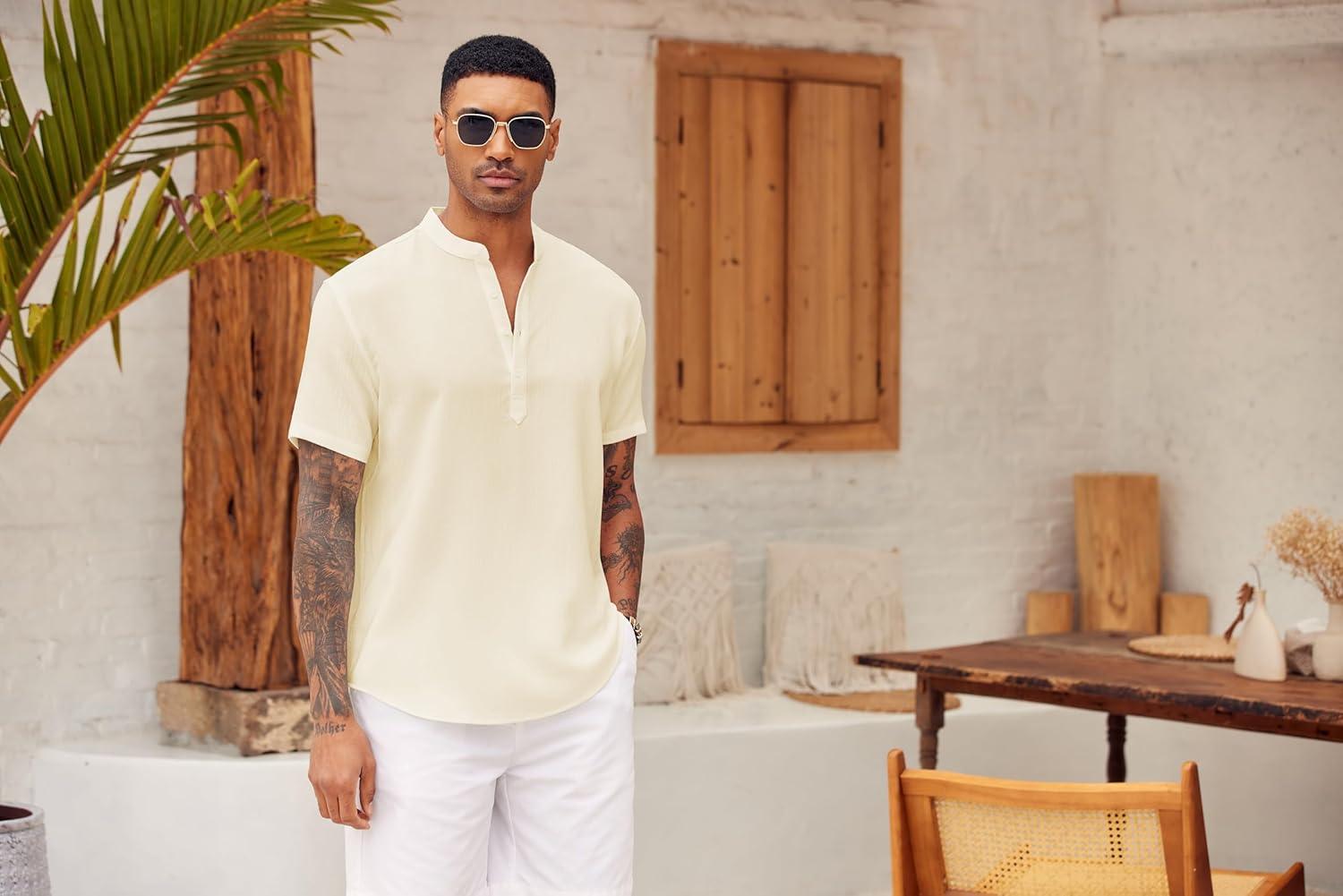 imageCOOFANDY Mens Casual Henley Shirt Short Sleeve Summer Shirts Linen Band Collar Summer Beach Hippie TShirtsBeige