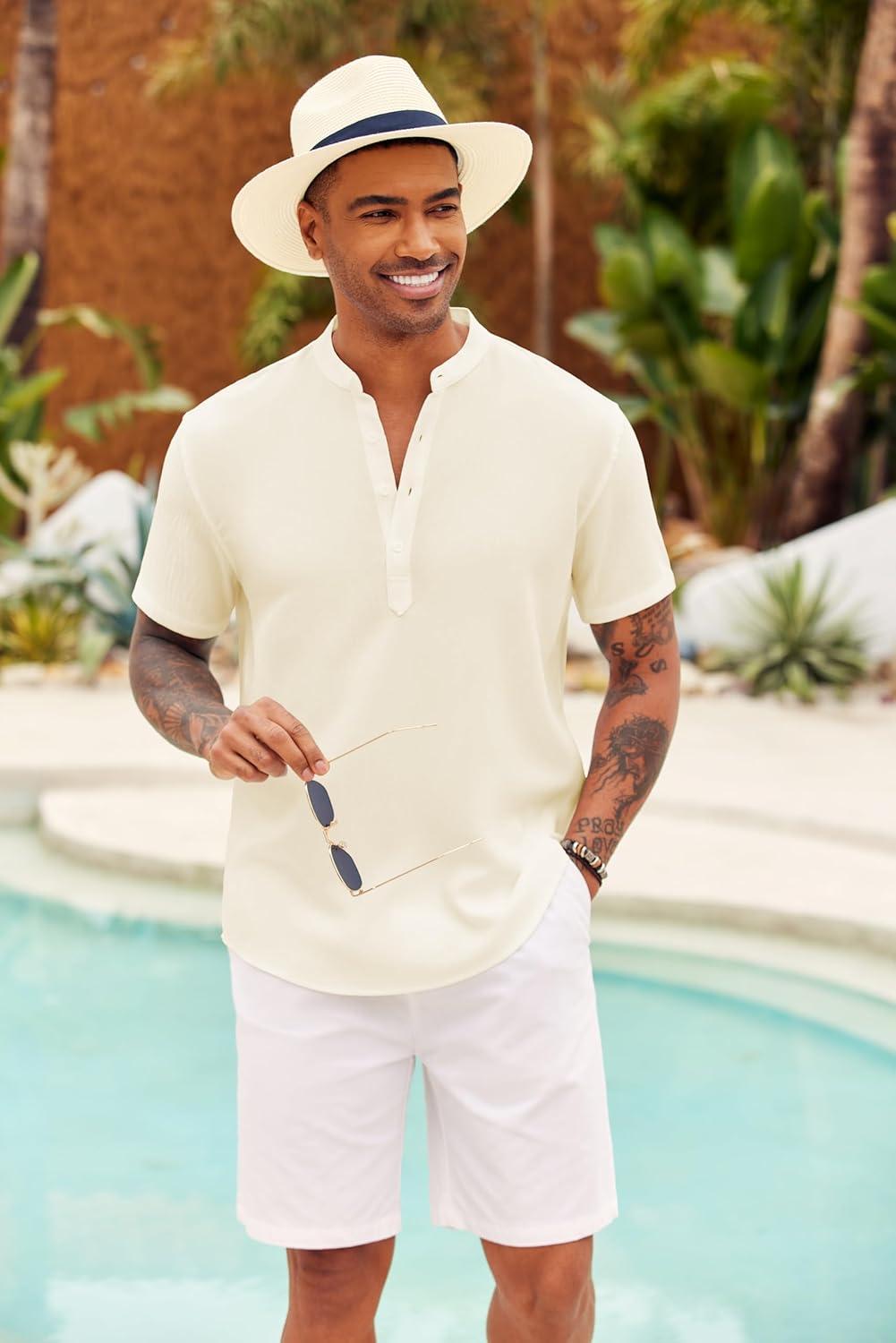 imageCOOFANDY Mens Casual Henley Shirt Short Sleeve Summer Shirts Linen Band Collar Summer Beach Hippie TShirtsBeige