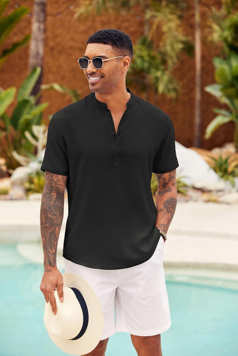 imageCOOFANDY Mens Casual Henley Shirt Short Sleeve Summer Shirts Linen Band Collar Summer Beach Hippie TShirtsBlack