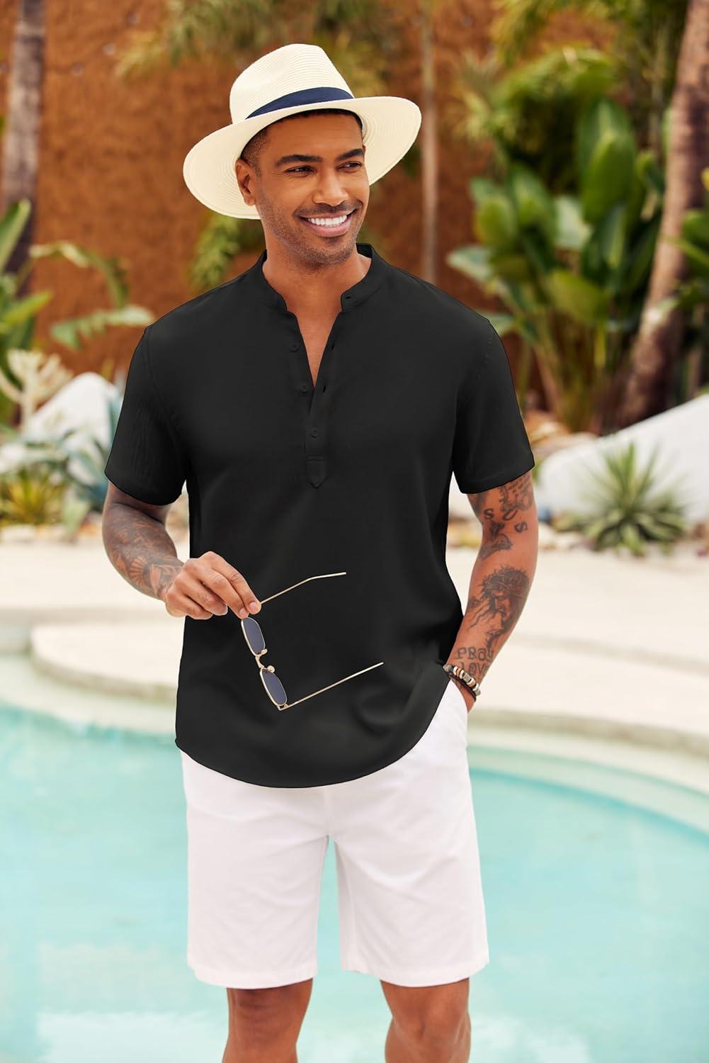 imageCOOFANDY Mens Casual Henley Shirt Short Sleeve Summer Shirts Linen Band Collar Summer Beach Hippie TShirtsBlack